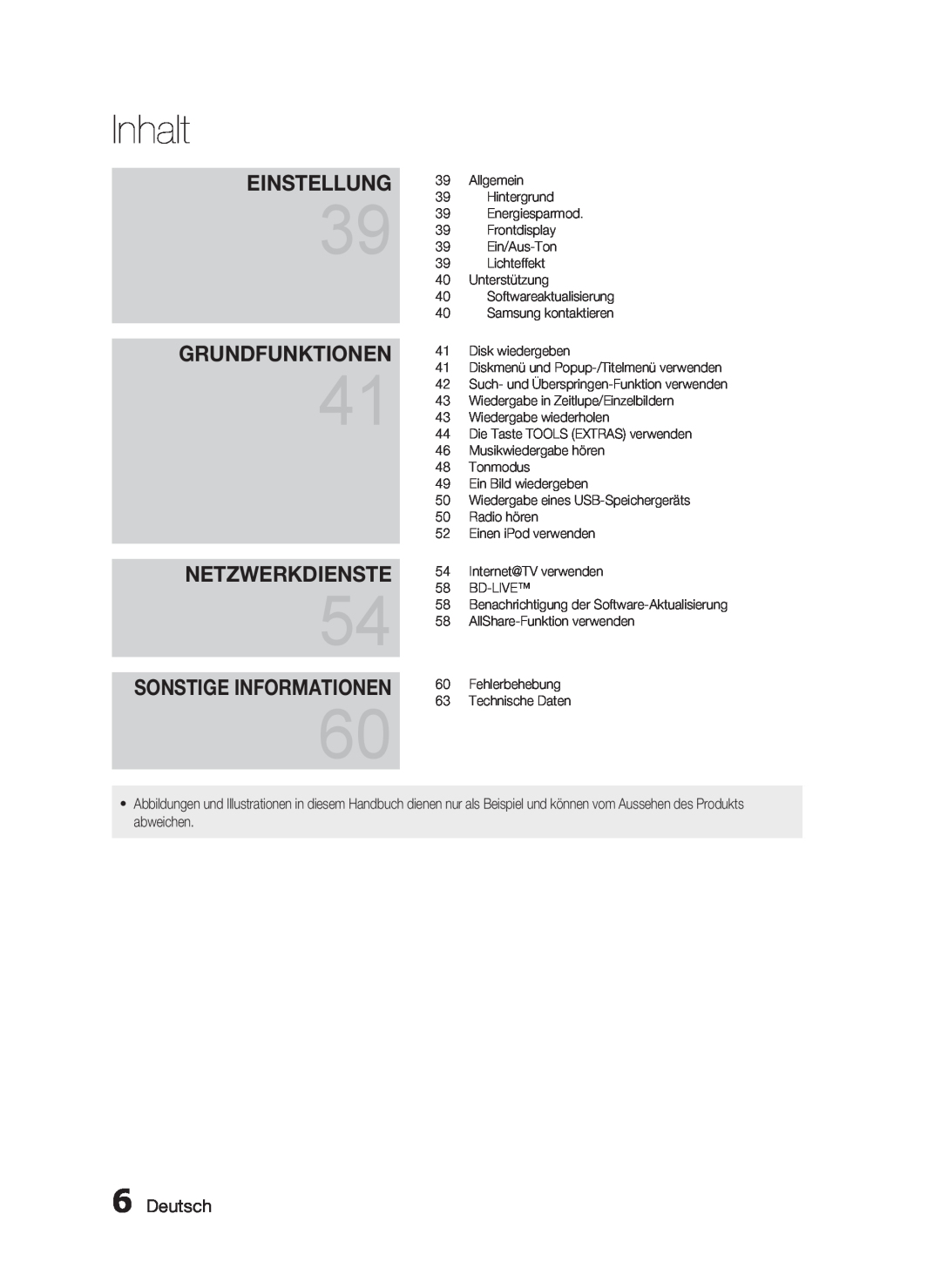 Samsung HT-C6200/XEF manual Netzwerkdienste, Grundfunktionen, Sonstige Informationen, Deutsch, Inhalt, Einstellung 