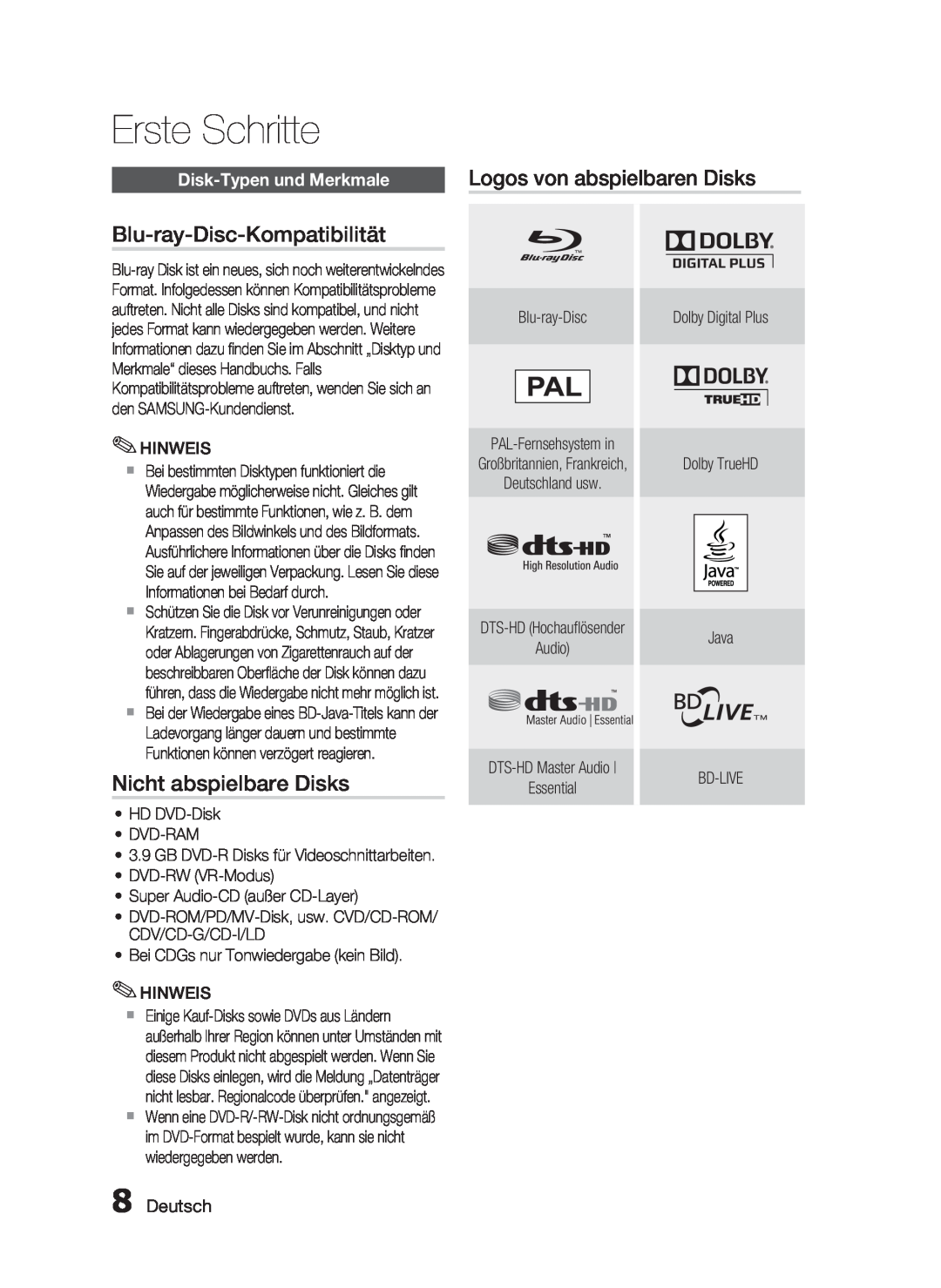 Samsung HT-C6200/XEF manual Blu-ray-Disc-Kompatibilität, Nicht abspielbare Disks, Disk-Typen und Merkmale, Deutsch 