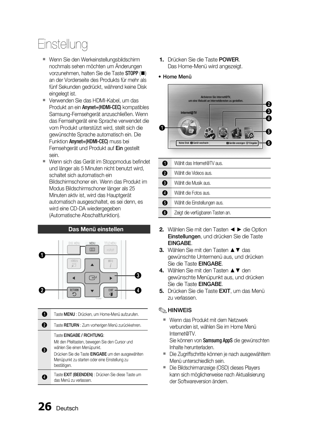 Samsung HT-C6200/XEF manual Das Menü einstellen, Deutsch, Einstellung 