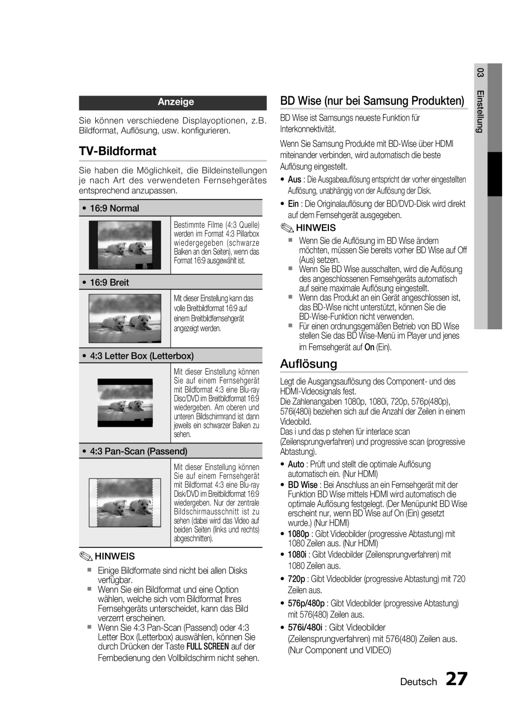 Samsung HT-C6200/XEF manual TV-Bildformat, Auﬂösung, BD Wise nur bei Samsung Produkten, Anzeige, Deutsch 