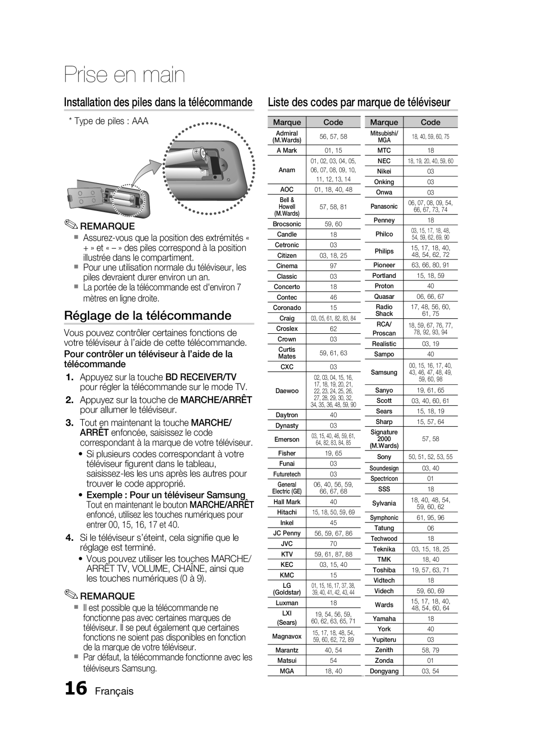 Samsung HT-C6200/XEF manual Liste des codes par marque de téléviseur, Réglage de la télécommande, Français, Prise en main 