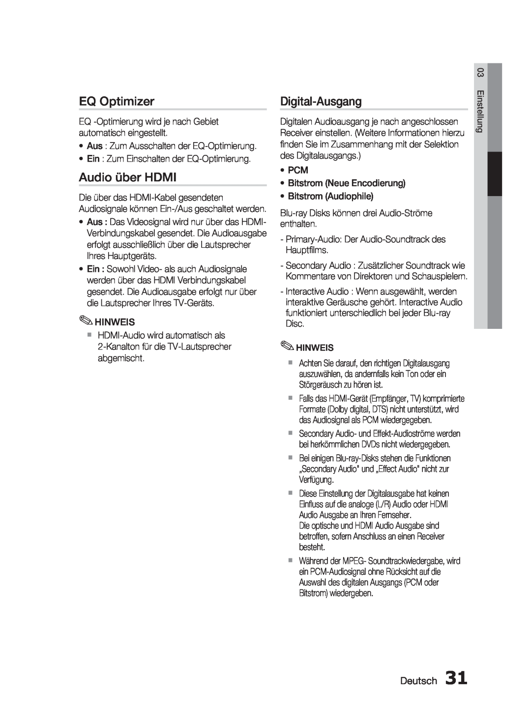 Samsung HT-C6200/XEF manual EQ Optimizer, Audio über HDMI, Digital-Ausgang, Deutsch 