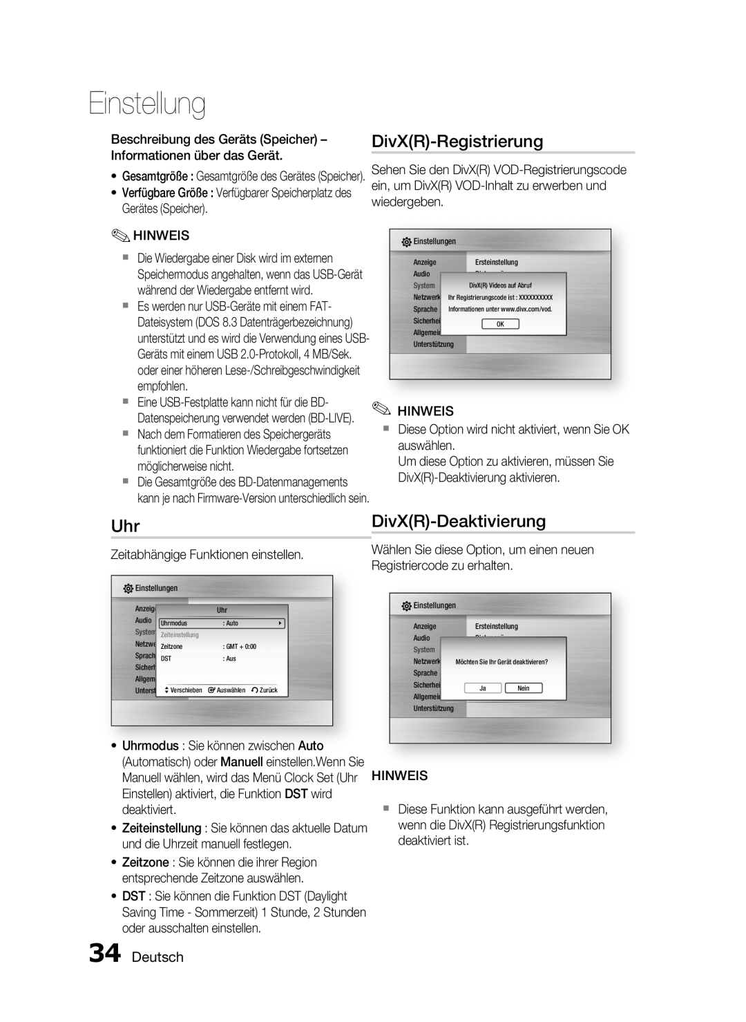 Samsung HT-C6200/XEF manual DivXR-Registrierung, DivXR-Deaktivierung, Deutsch, Einstellung 