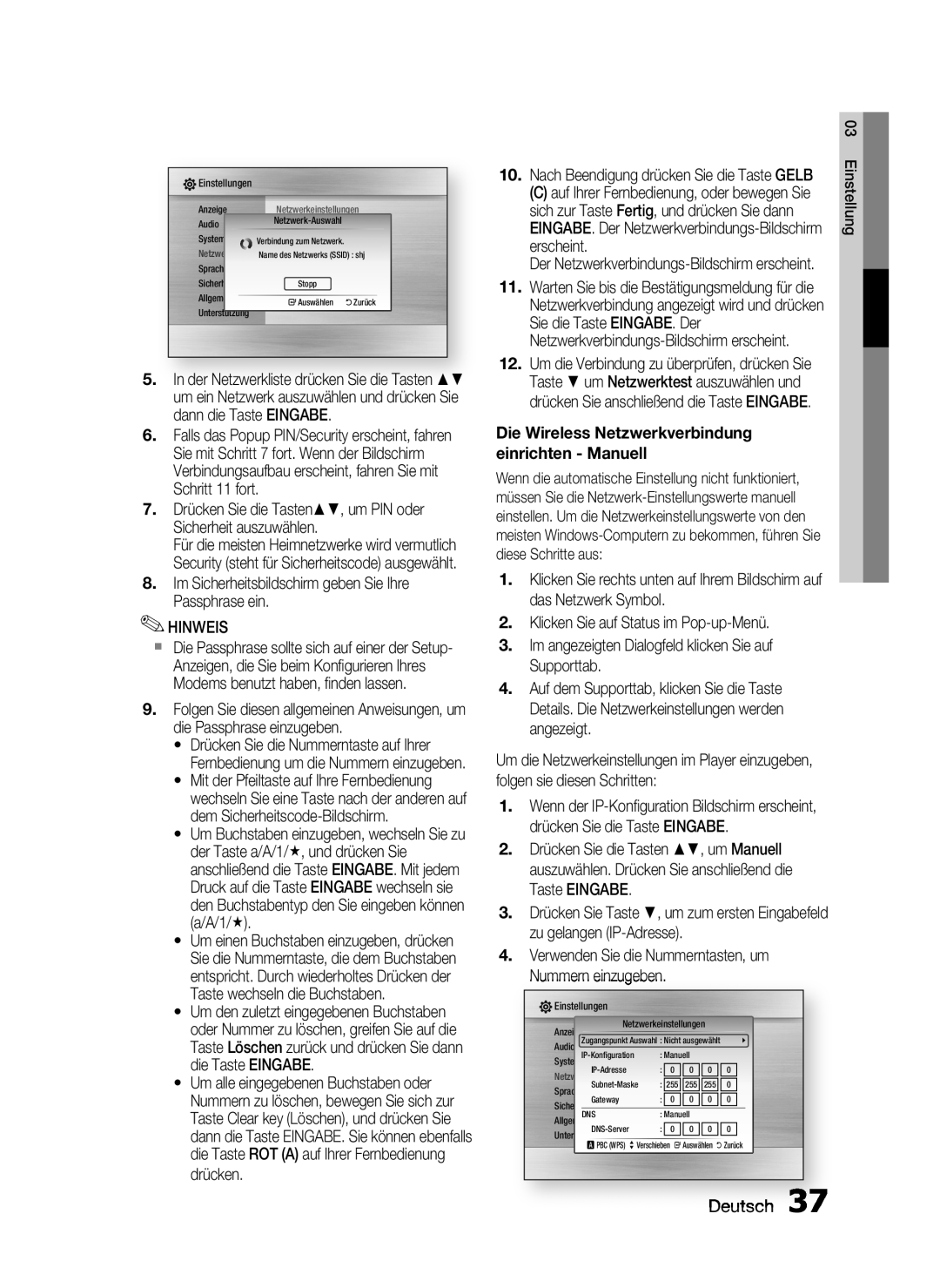Samsung HT-C6200/XEF manual Deutsch, Die Wireless Netzwerkverbindung einrichten - Manuell 