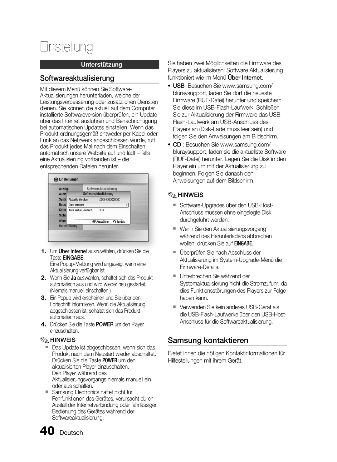 Samsung HT-C6200/XEF manual Softwareaktualisierung, Samsung kontaktieren, Unterstützung, Deutsch, Einstellung 