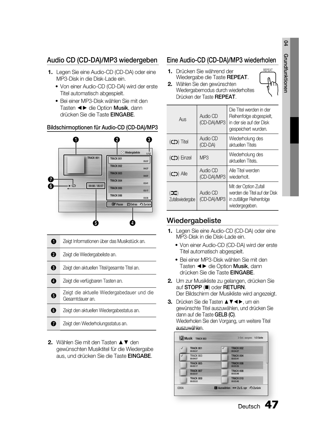 Samsung HT-C6200/XEF manual Wiedergabeliste, Audio CD CD-DA/MP3 wiedergeben, Eine Audio-CD CD-DA/MP3 wiederholen, Deutsch 