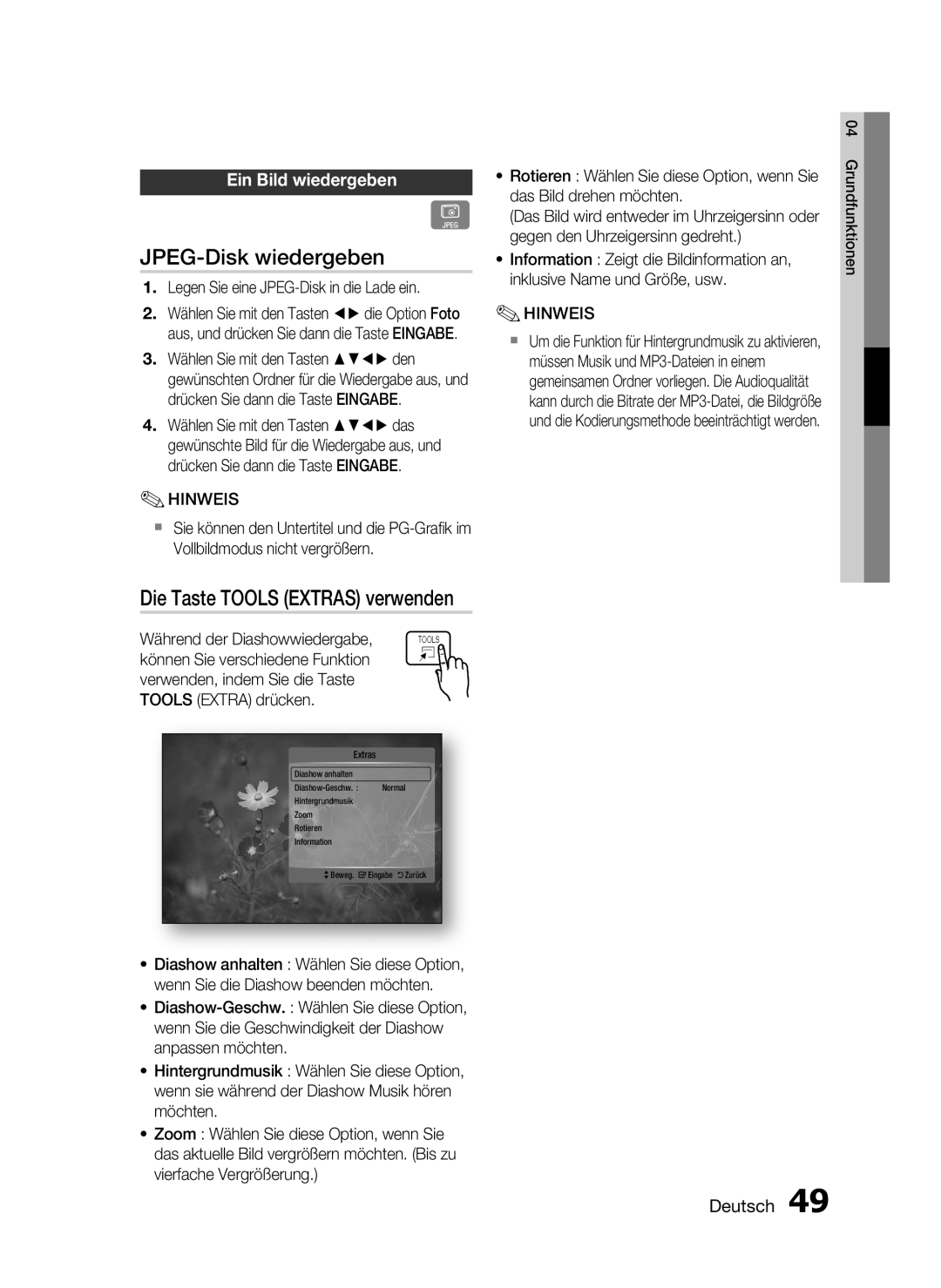 Samsung HT-C6200/XEF manual JPEG-Disk wiedergeben, Die Taste TOOLS EXTRAS verwenden, Ein Bild wiedergeben, Deutsch 