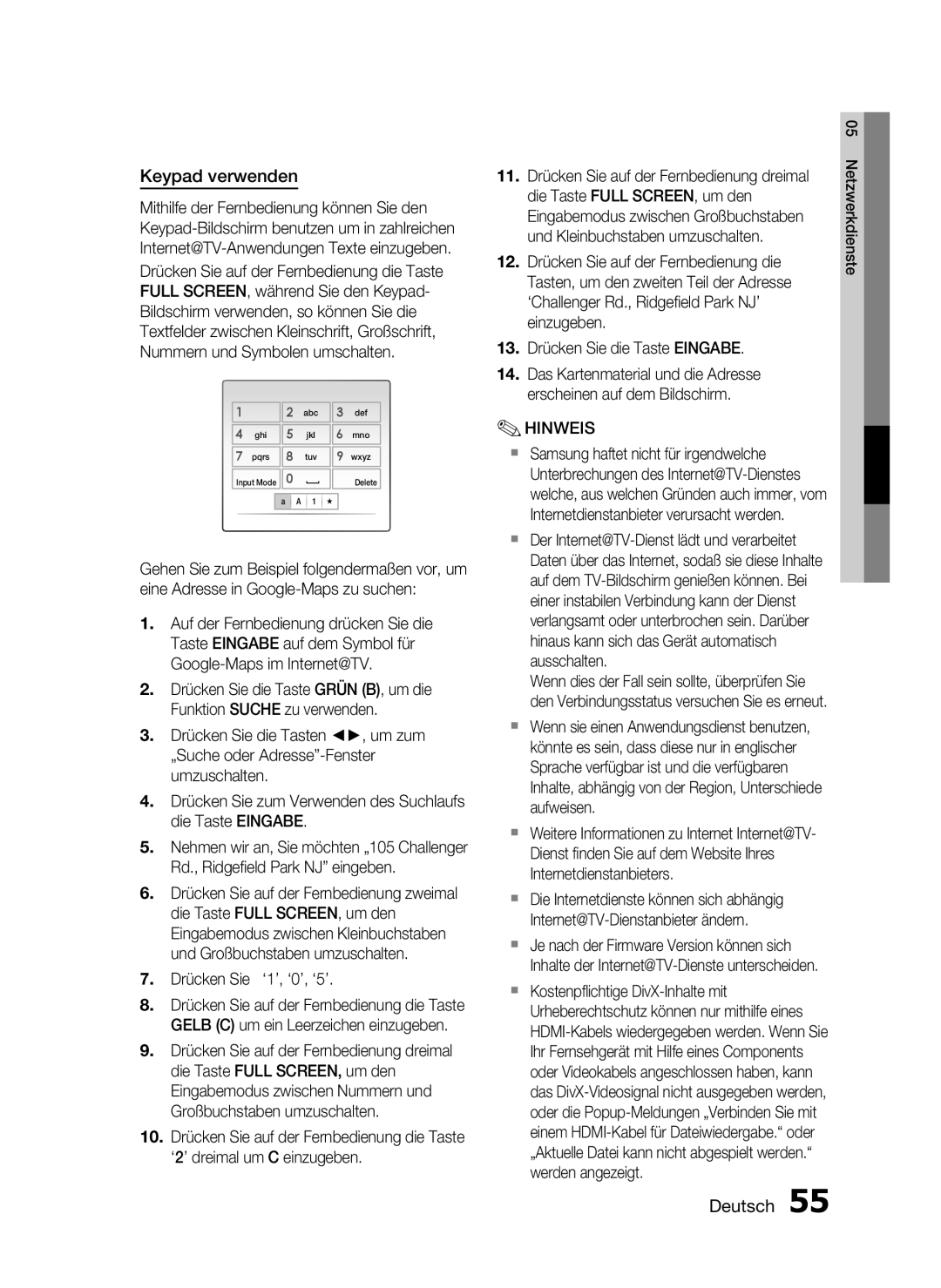 Samsung HT-C6200/XEF manual Keypad verwenden, Deutsch, Netzwerkdienste 