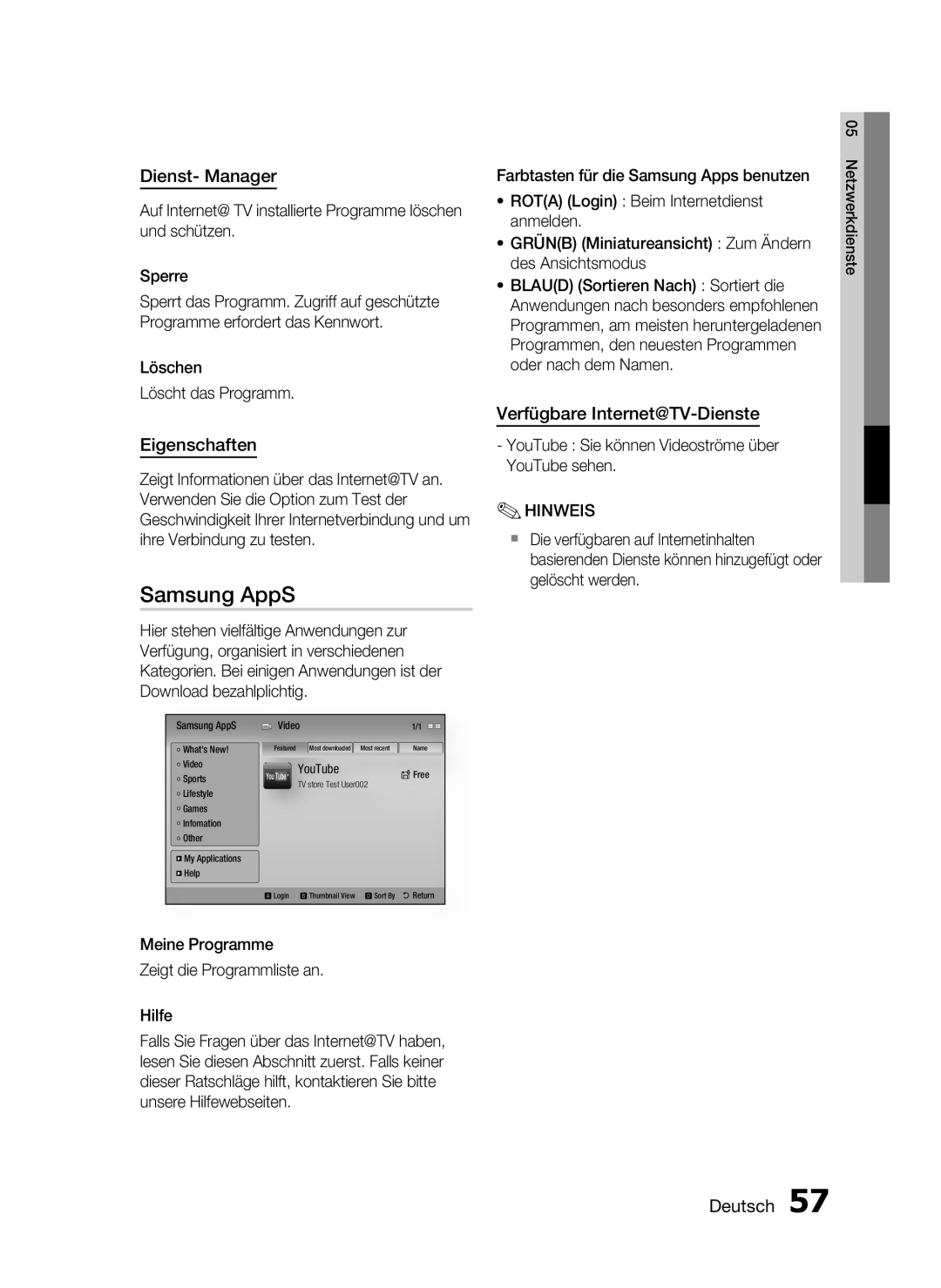 Samsung HT-C6200/XEF manual Dienst- Manager, Eigenschaften, Verfügbare Internet@TV-Dienste, Samsung AppS, Deutsch 