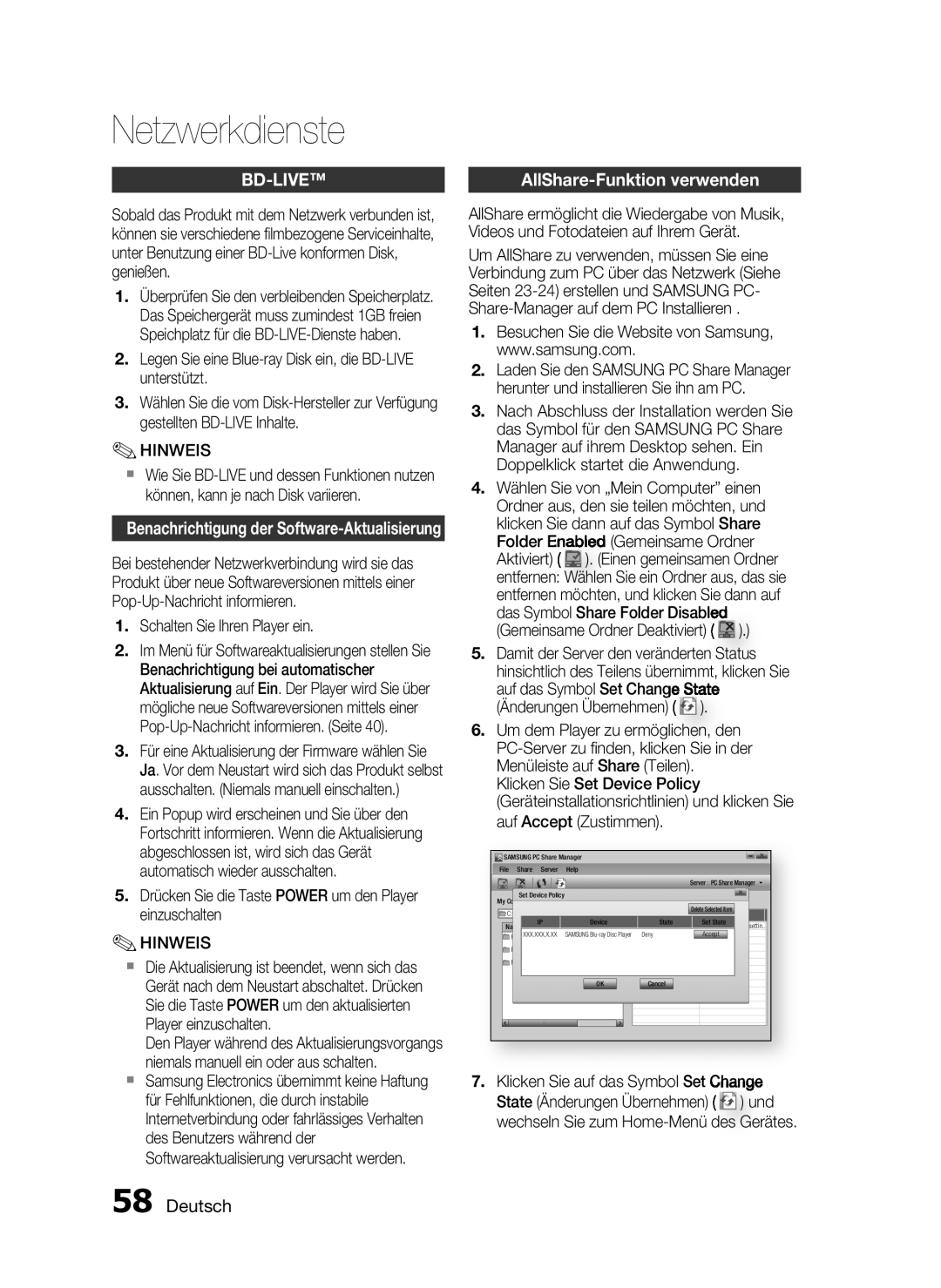 Samsung HT-C6200/XEF manual Deutsch, Netzwerkdienste, Bd-Live, AllShare-Funktion verwenden 