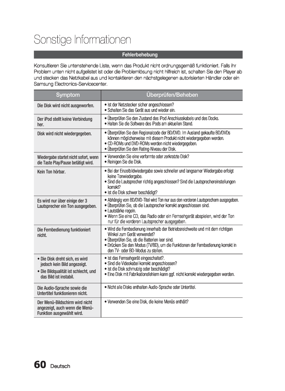 Samsung HT-C6200/XEF manual Sonstige Informationen, Symptom, Überprüfen/Beheben, Fehlerbehebung, Deutsch 