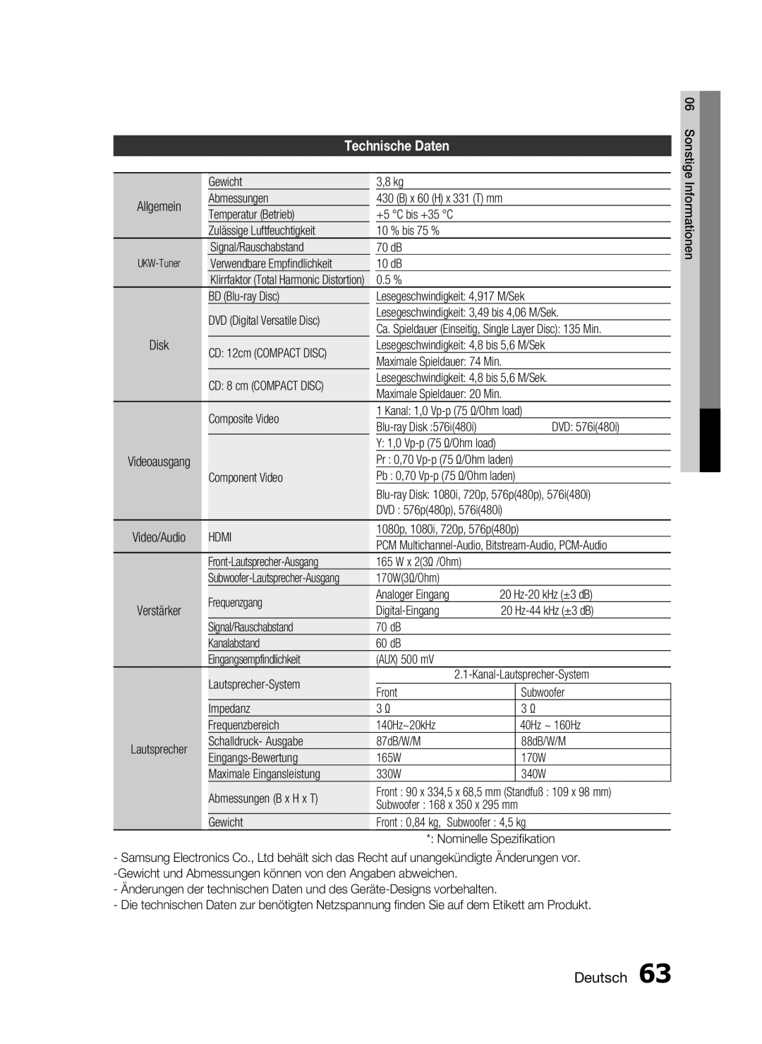 Samsung HT-C6200/XEF manual Technische Daten, Deutsch, Sonstige, 10dB 0.5 %, Informationen, Lautsprecher 