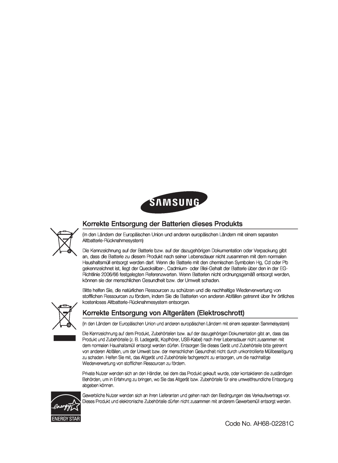 Samsung HT-C6200/XEF Korrekte Entsorgung der Batterien dieses Produkts, Korrekte Entsorgung von Altgeräten Elektroschrott 