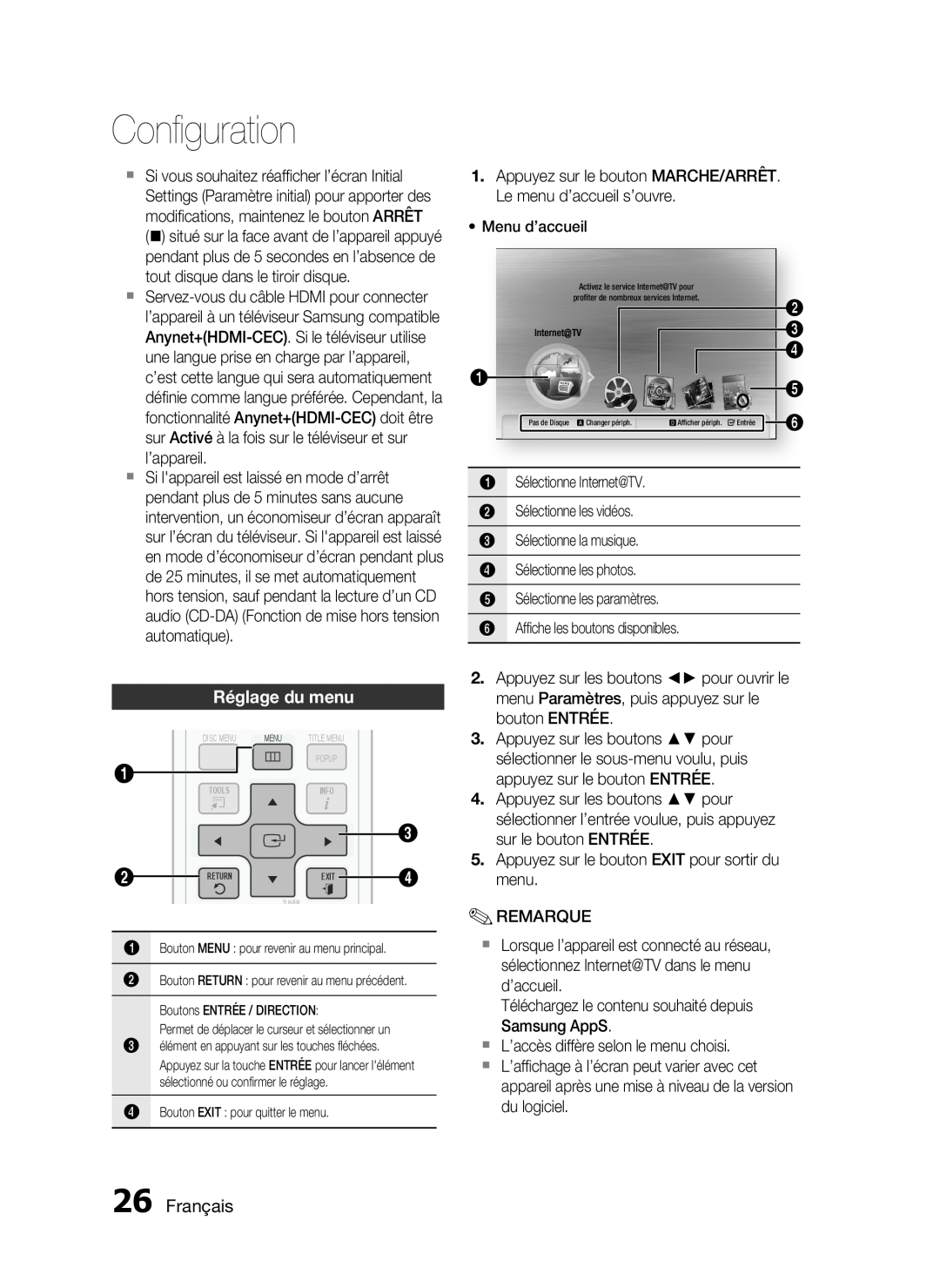 Samsung HT-C6200/XEF manual Réglage du menu, Français, Conﬁguration 