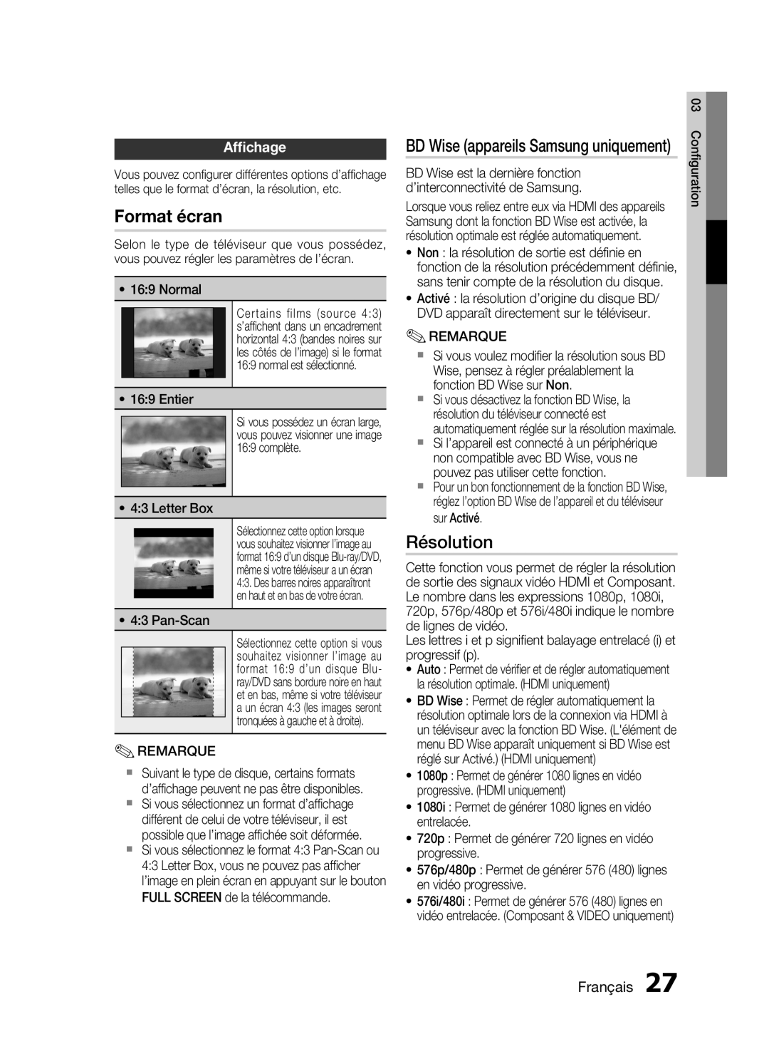 Samsung HT-C6200/XEF manual Format écran, Résolution, Afﬁchage, Français 