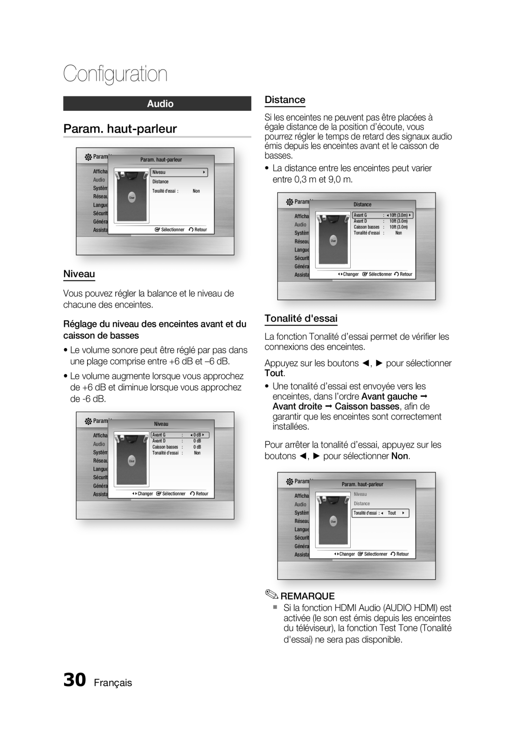 Samsung HT-C6200/XEF manual Param. haut-parleur, Audio, Niveau, Distance, Tonalité dessai, Français, Conﬁguration 