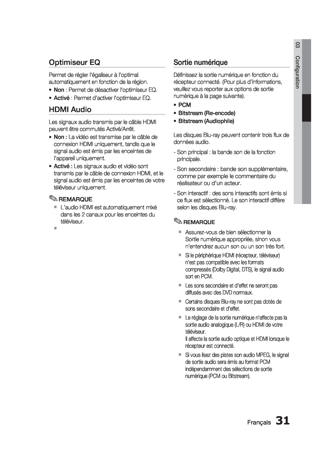 Samsung HT-C6200/XEF manual Optimiseur EQ, HDMI Audio, Sortie numérique, Français 
