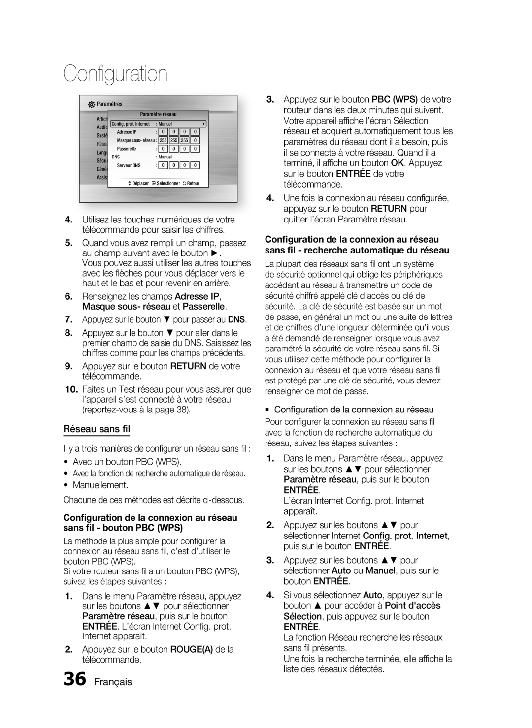Samsung HT-C6200/XEF manual Réseau sans ﬁl, Français, Conﬁguration de la connexion au réseau sans ﬁl - bouton PBC WPS 