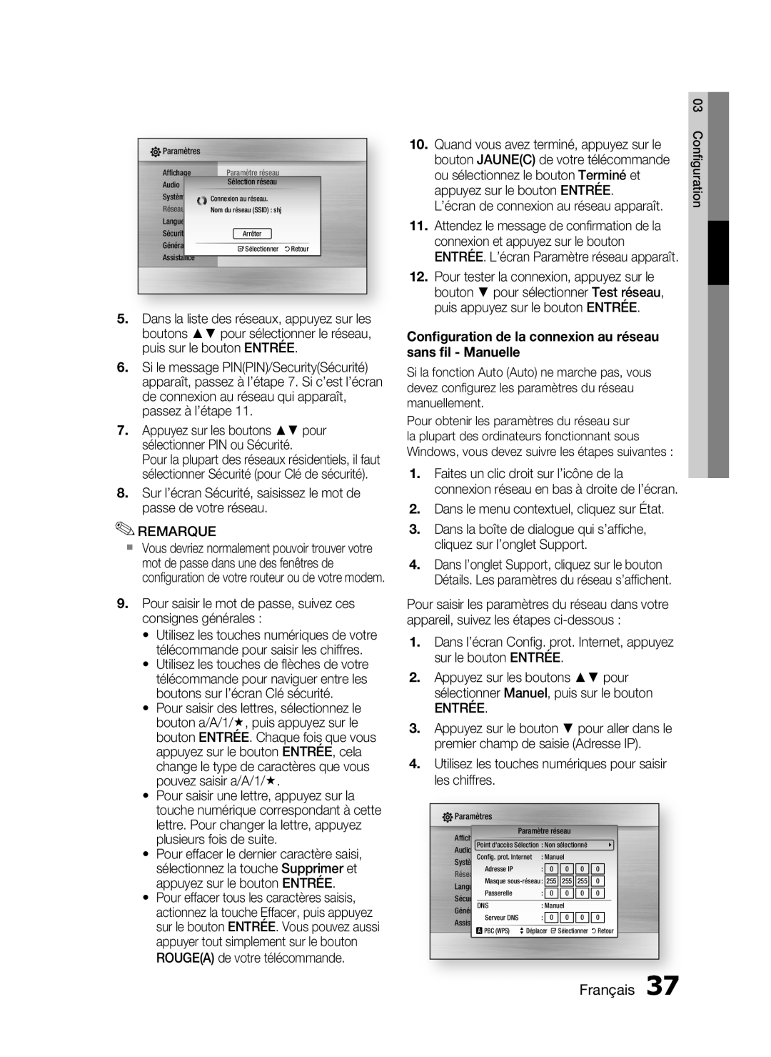 Samsung HT-C6200/XEF manual Conﬁguration de la connexion au réseau sans ﬁl - Manuelle, Français 
