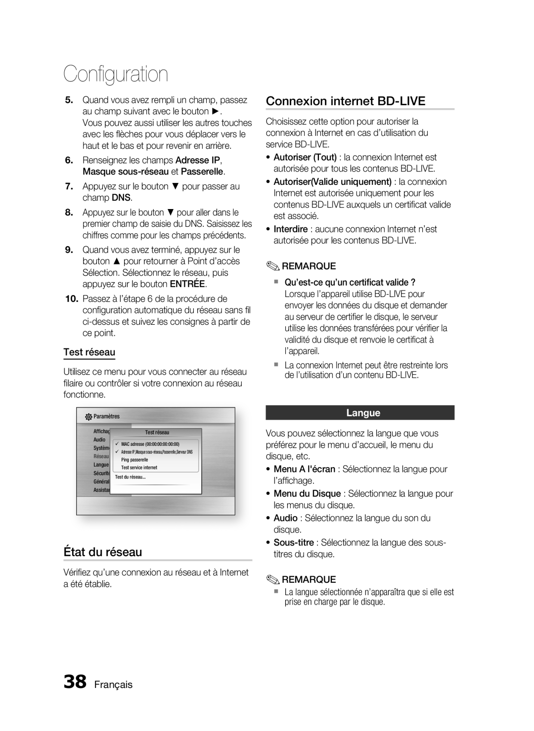 Samsung HT-C6200/XEF manual Connexion internet BD-LIVE, État du réseau, Test réseau, Langue, Français, Conﬁguration 