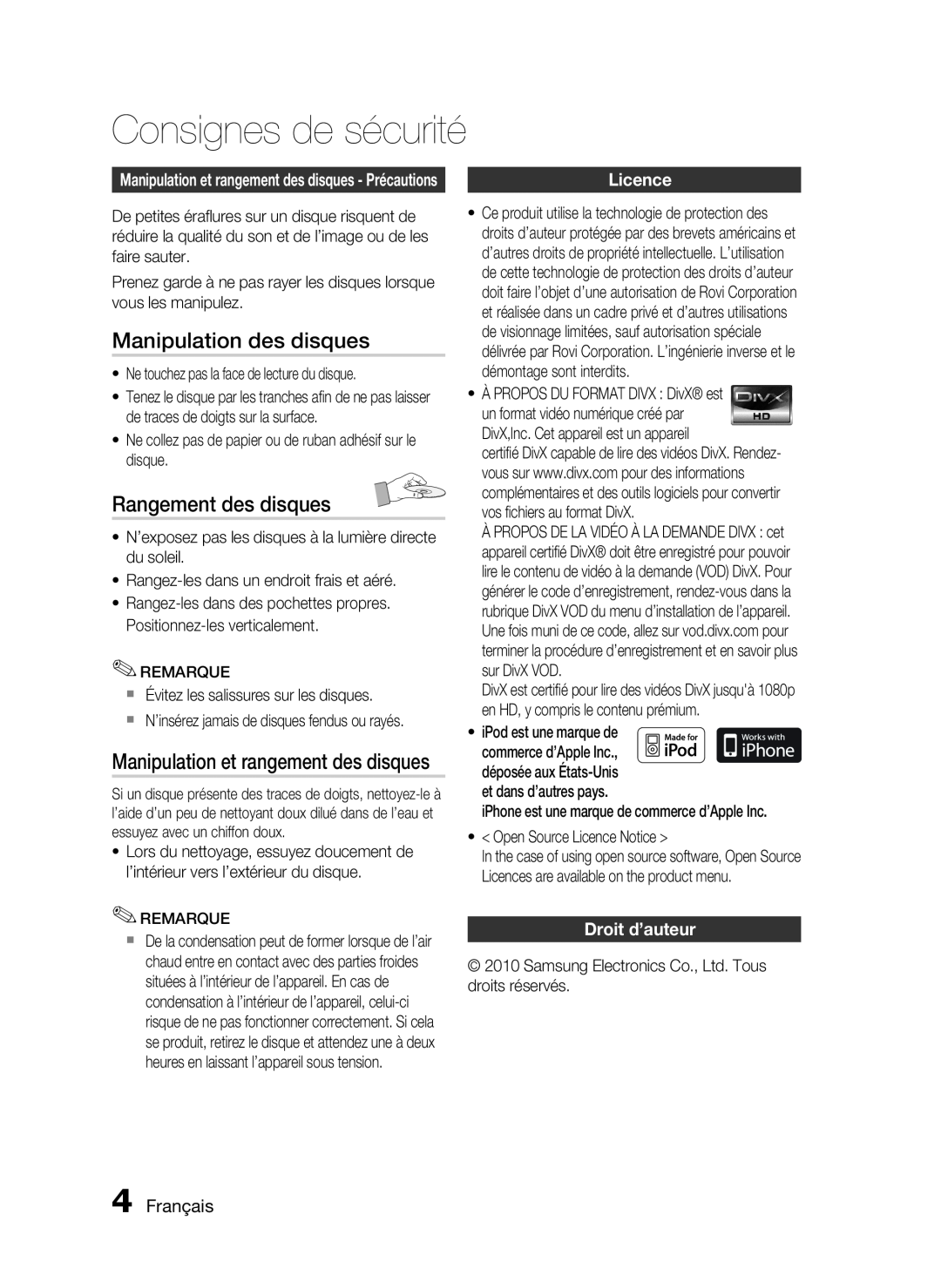Samsung HT-C6200/XEF manual Manipulation des disques, Rangement des disques, Manipulation et rangement des disques, Licence 