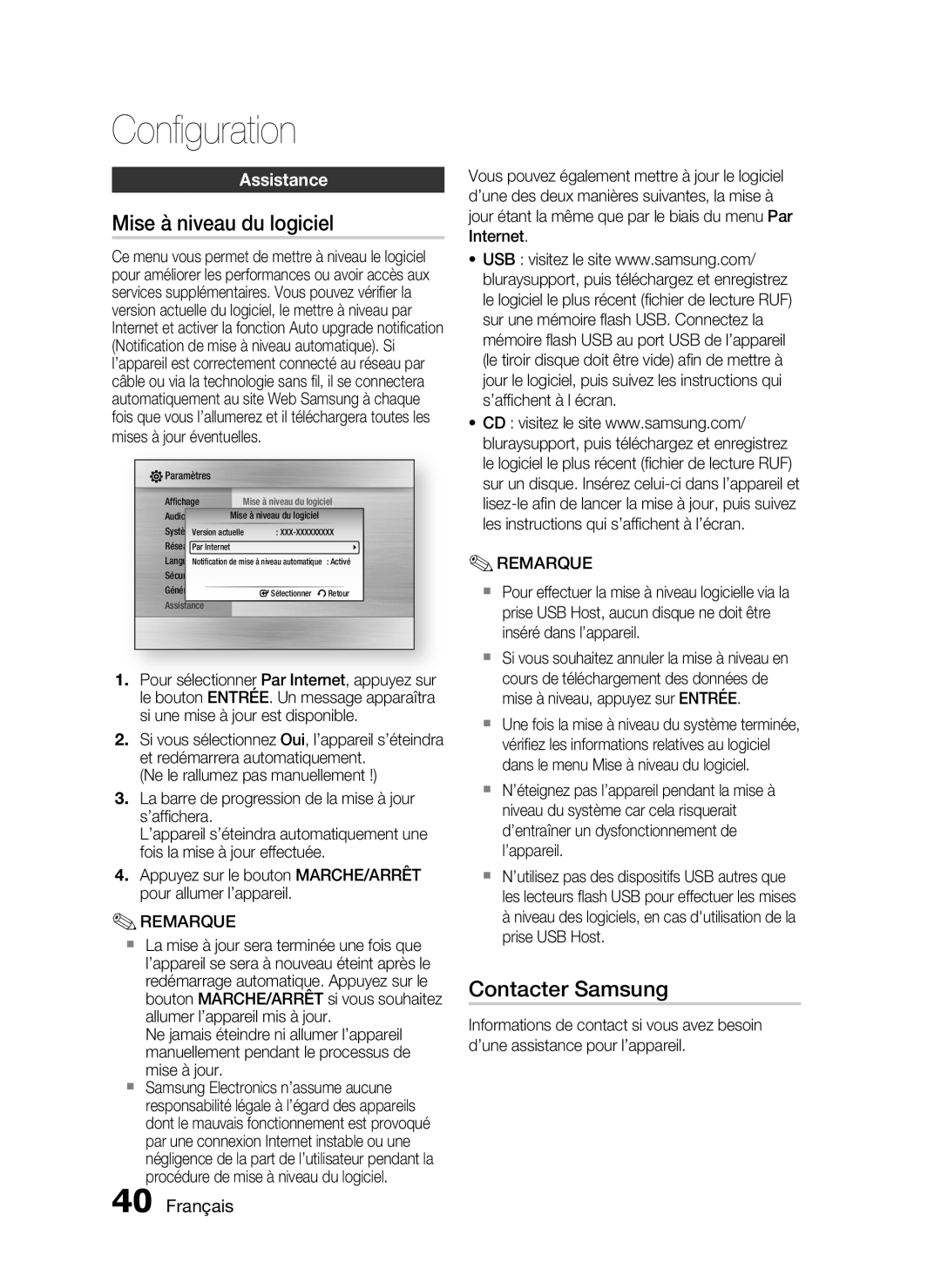 Samsung HT-C6200/XEF manual Mise à niveau du logiciel, Contacter Samsung, Assistance, Français, Conﬁguration 