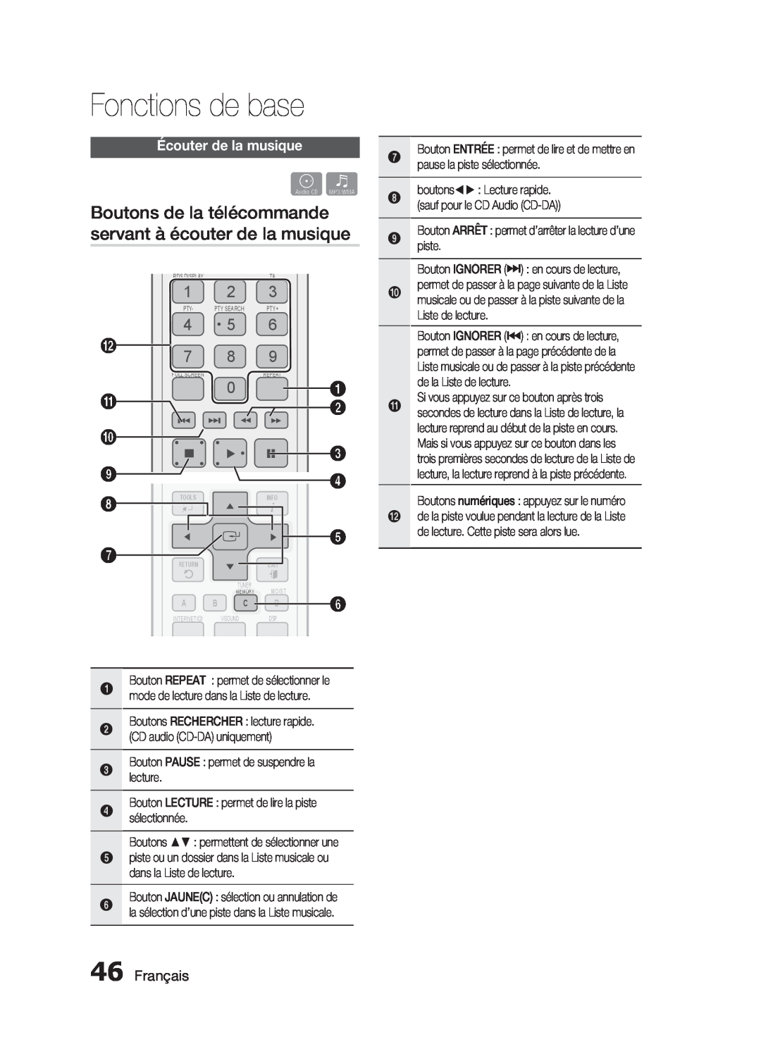 Samsung HT-C6200/XEF manual Boutons de la télécommande servant à écouter de la musique, Écouter de la musique, Français 