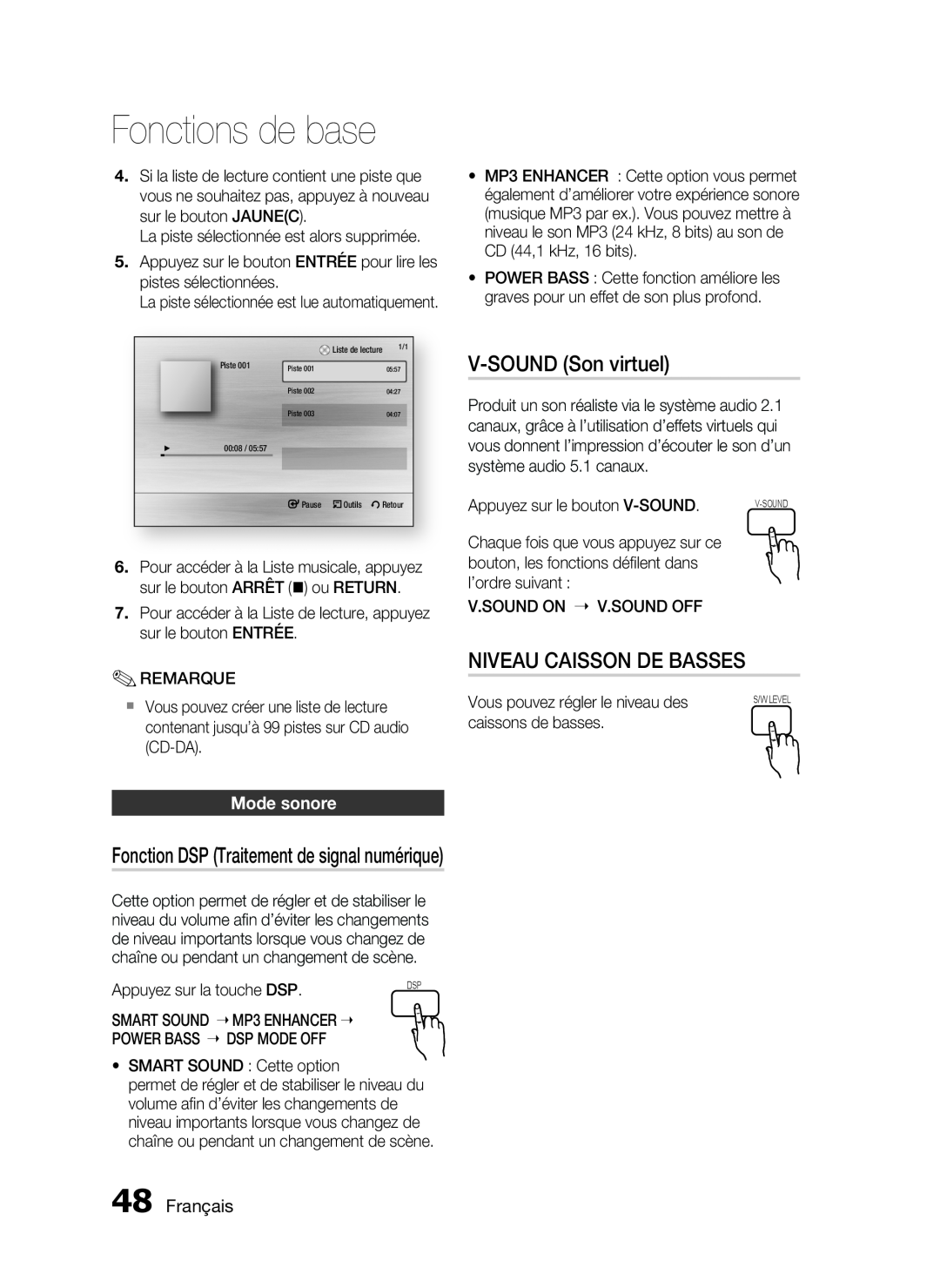 Samsung HT-C6200/XEF manual V-SOUND Son virtuel, Niveau Caisson De Basses, Mode sonore, Français, Fonctions de base 