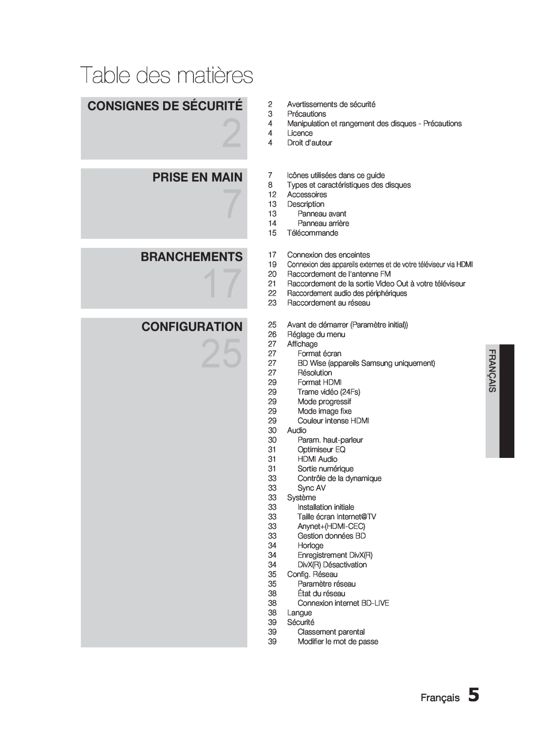 Samsung HT-C6200/XEF manual Table des matières, Prise En Main, Branchements, Configuration, Consignes De Sécurité, Français 