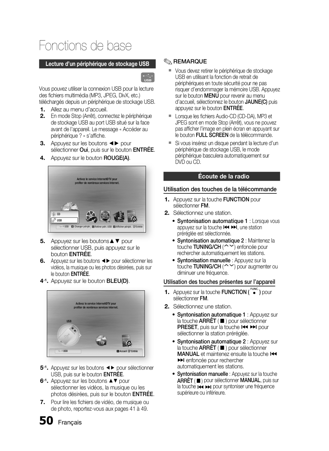 Samsung HT-C6200/XEF manual Écoute de la radio, Utilisation des touches de la télécommande, Français, Fonctions de base 
