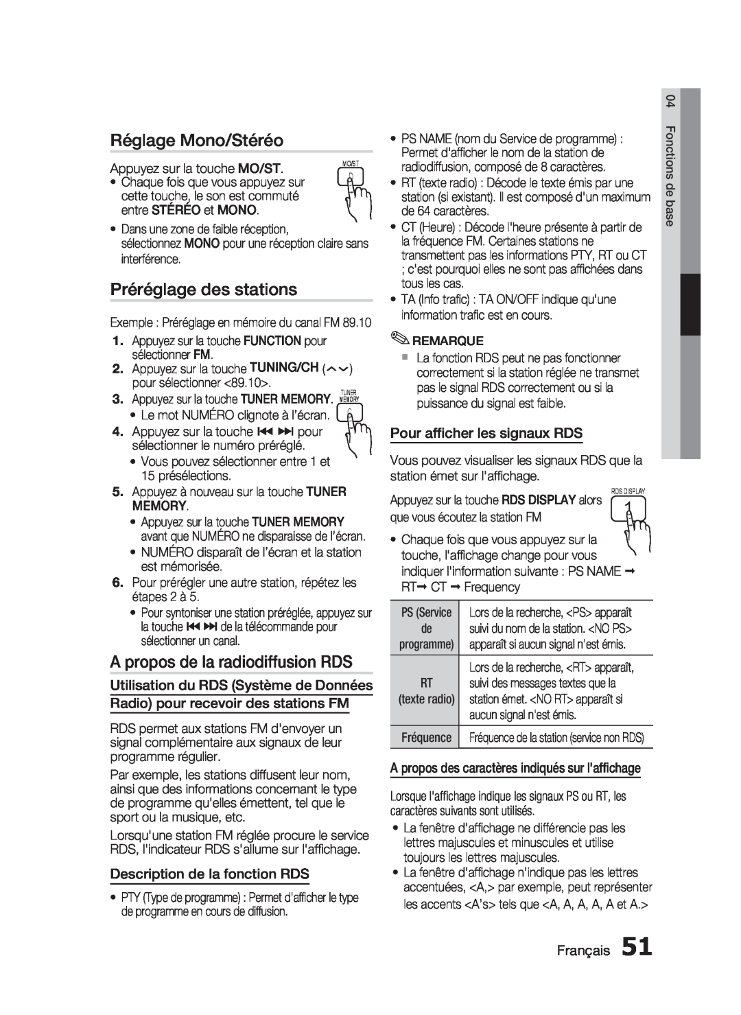 Samsung HT-C6200/XEF manual Réglage Mono/Stéréo, Préréglage des stations, A propos de la radiodiffusion RDS, Français 