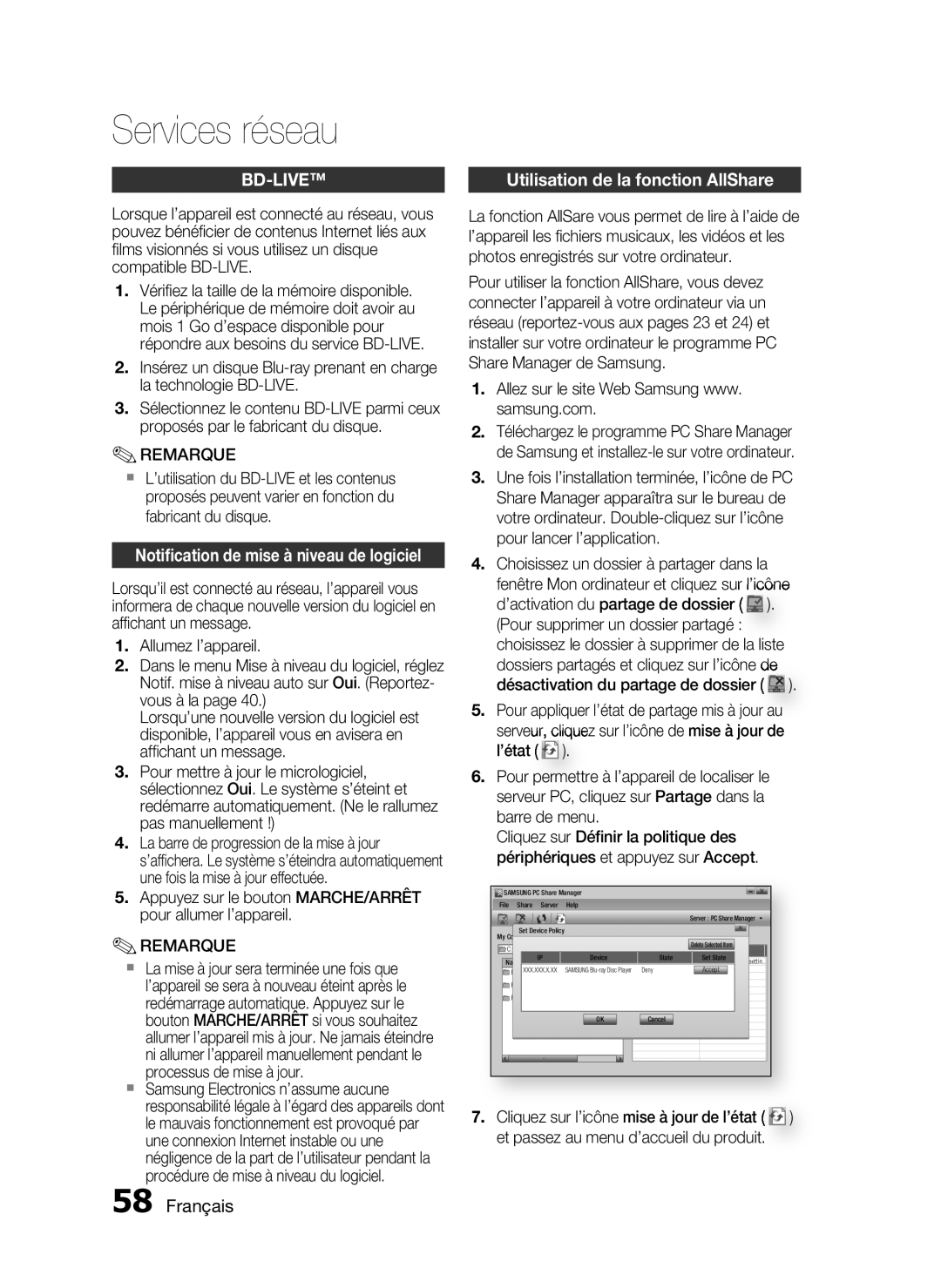 Samsung HT-C6200/XEF manual Bd-Live, Notiﬁcation de mise à niveau de logiciel, Français, Services réseau 