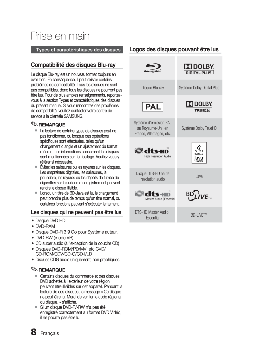 Samsung HT-C6200/XEF Compatibilité des disques Blu-ray, Les disques qui ne peuvent pas être lus, Français, Prise en main 