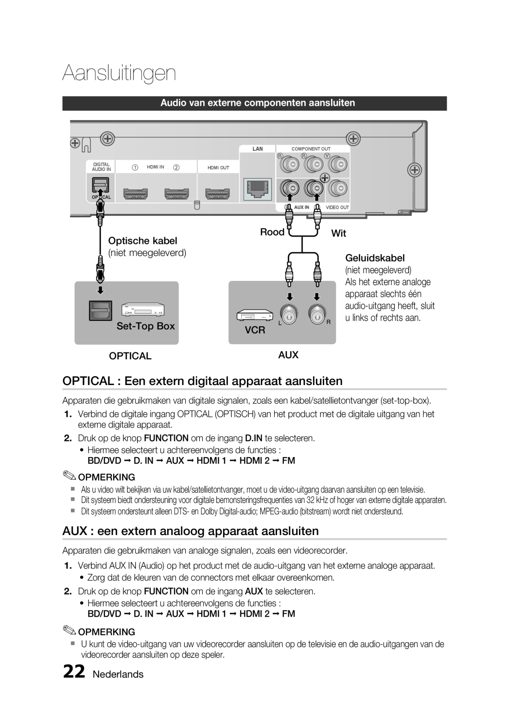 Samsung HT-C6200/XEF OPTICAL Een extern digitaal apparaat aansluiten, AUX een extern analoog apparaat aansluiten, Rood VCR 