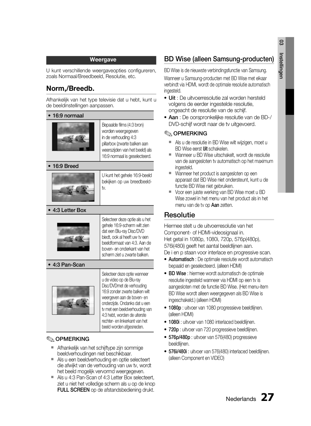 Samsung HT-C6200/XEF manual Norm,/Breedb, Resolutie, BD Wise alleen Samsung-producten, Weergave, Nederlands 