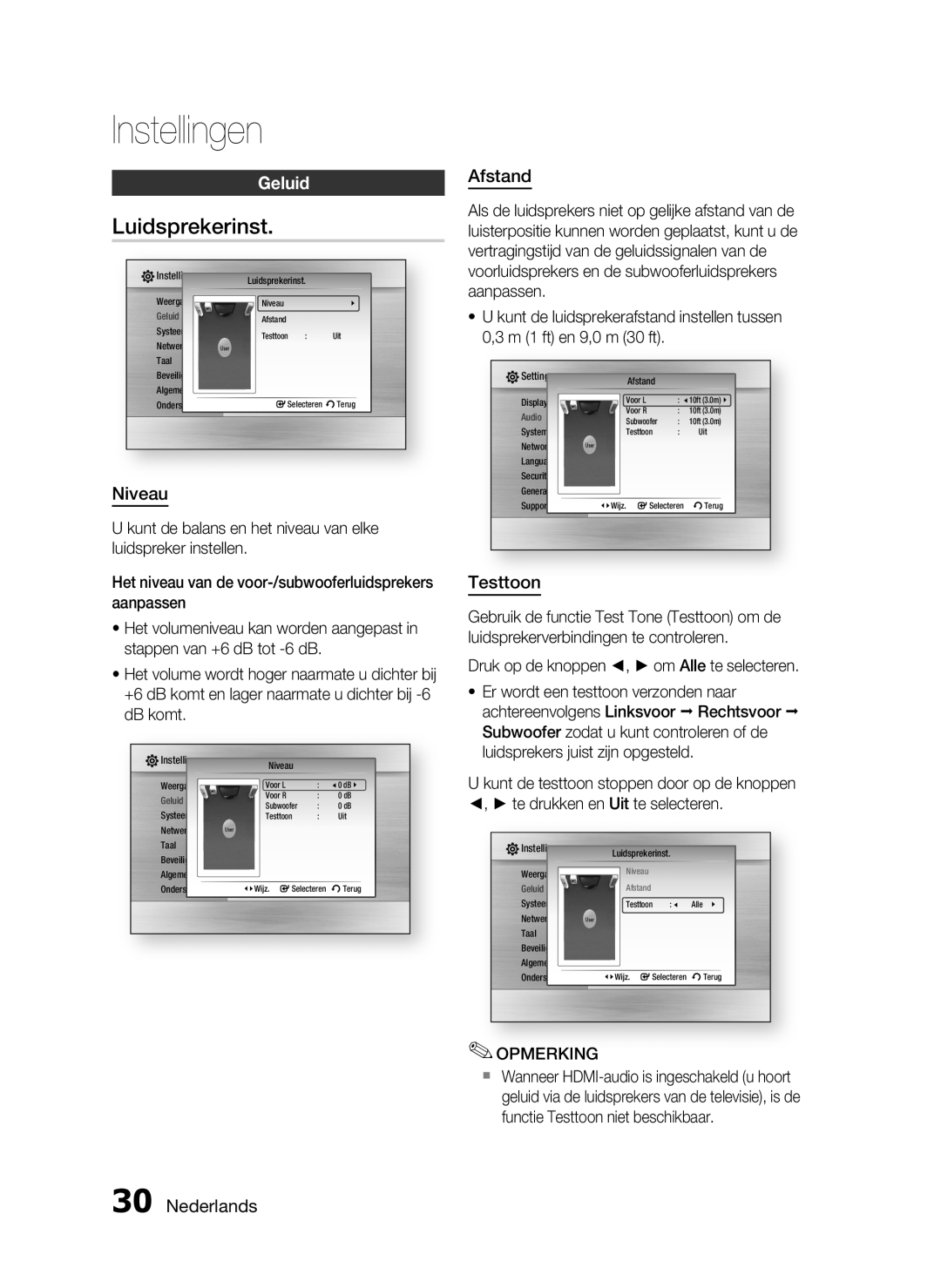 Samsung HT-C6200/XEF manual Luidsprekerinst, Geluid, Afstand, Testtoon, Nederlands, Instellingen, Niveau 