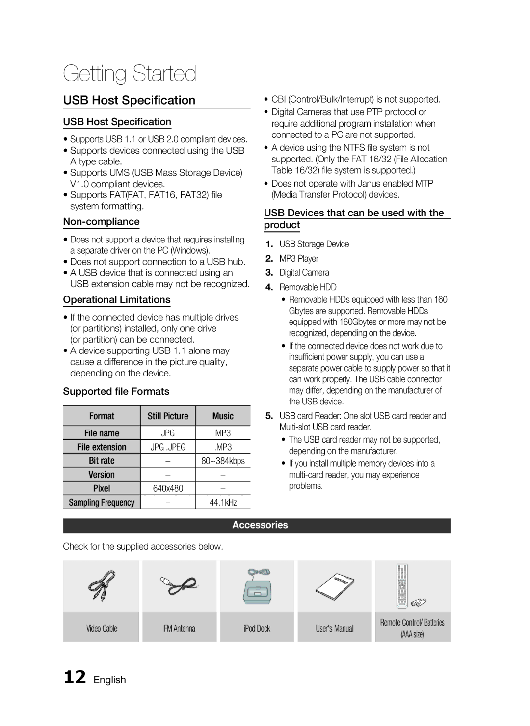 Samsung HT-C6200/XEN, HT-C6200/EDC, HT-C6200/XEF, HT-C6200/XEE manual USB Host Speciﬁcation, Accessories 