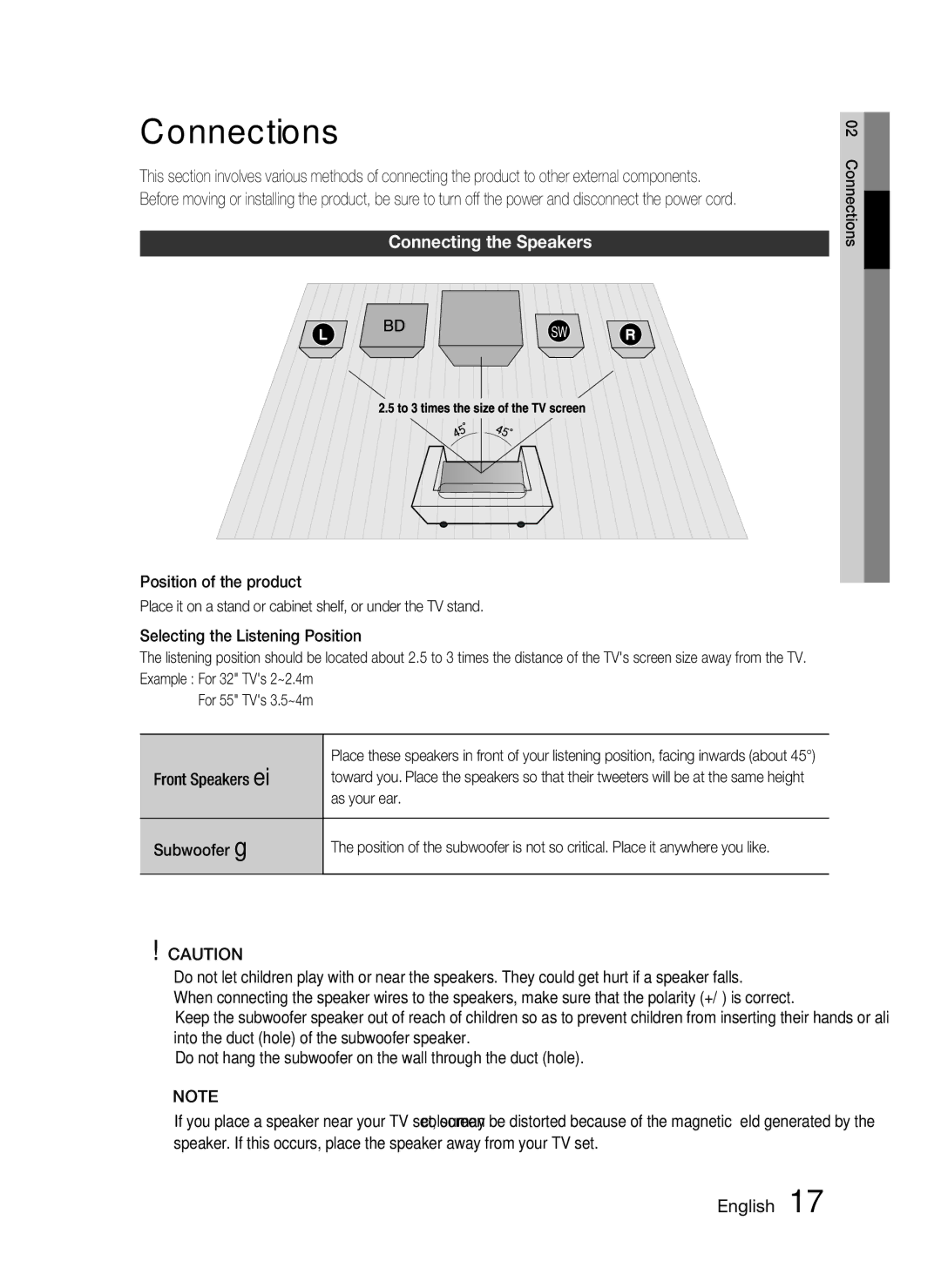 Samsung HT-C6200/EDC, HT-C6200/XEN, HT-C6200/XEF manual Connections, Connecting the Speakers, As your ear, Subwoofer g 