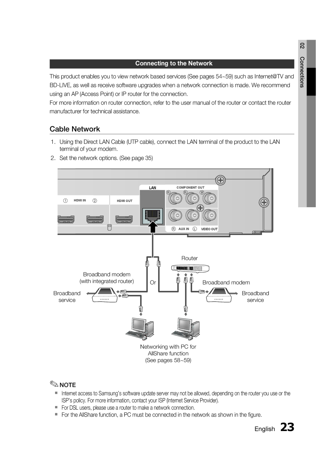 Samsung HT-C6200/XEE, HT-C6200/XEN, HT-C6200/EDC, HT-C6200/XEF manual Cable Network, Connecting to the Network 