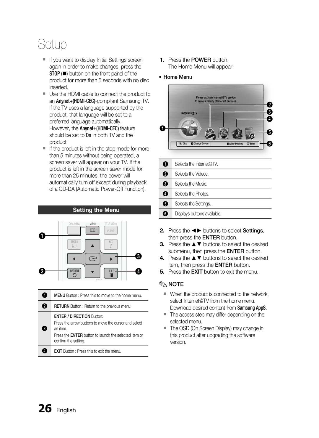 Samsung HT-C6200/XEF, HT-C6200/XEN, HT-C6200/EDC, HT-C6200/XEE manual Setting the Menu, You Tube 