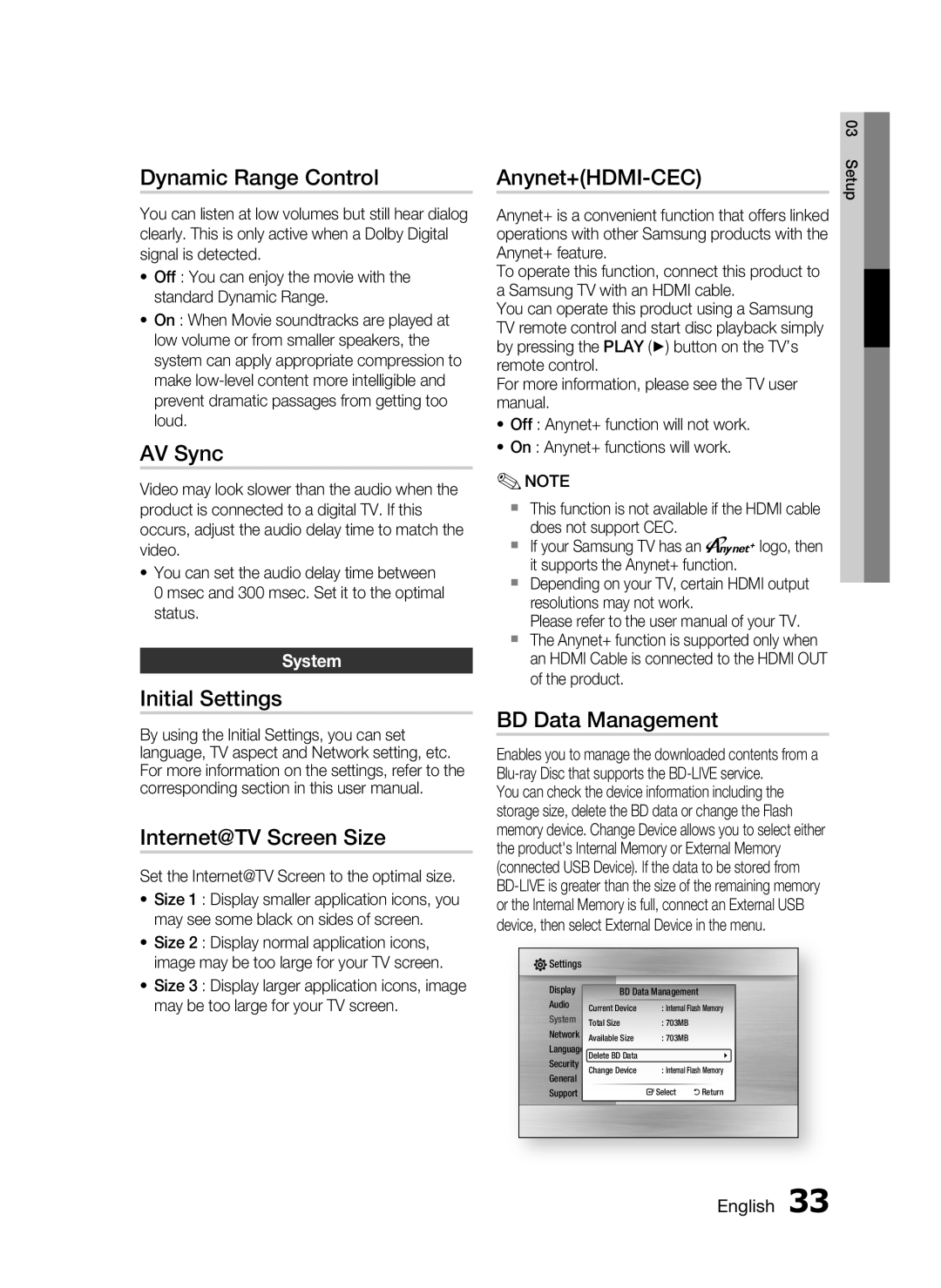 Samsung HT-C6200/EDC manual Dynamic Range Control, AV Sync, Initial Settings Internet@TV Screen Size, Anynet+HDMI-CEC 