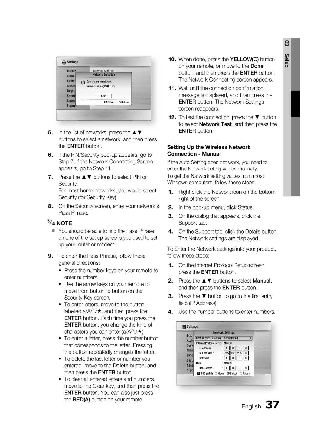 Samsung HT-C6200/EDC, HT-C6200/XEN, HT-C6200/XEF, HT-C6200/XEE manual When done, press the Yellowc button, Enter button 