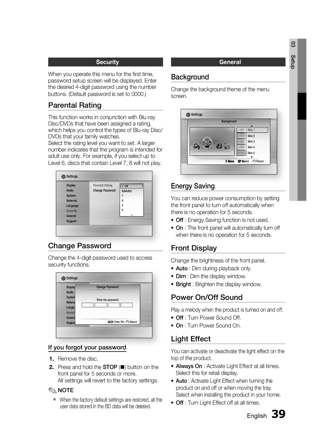 Samsung HT-C6200/XEE manual Parental Rating, Change Password, Background, Energy Saving, Front Display, Power On/Off Sound 