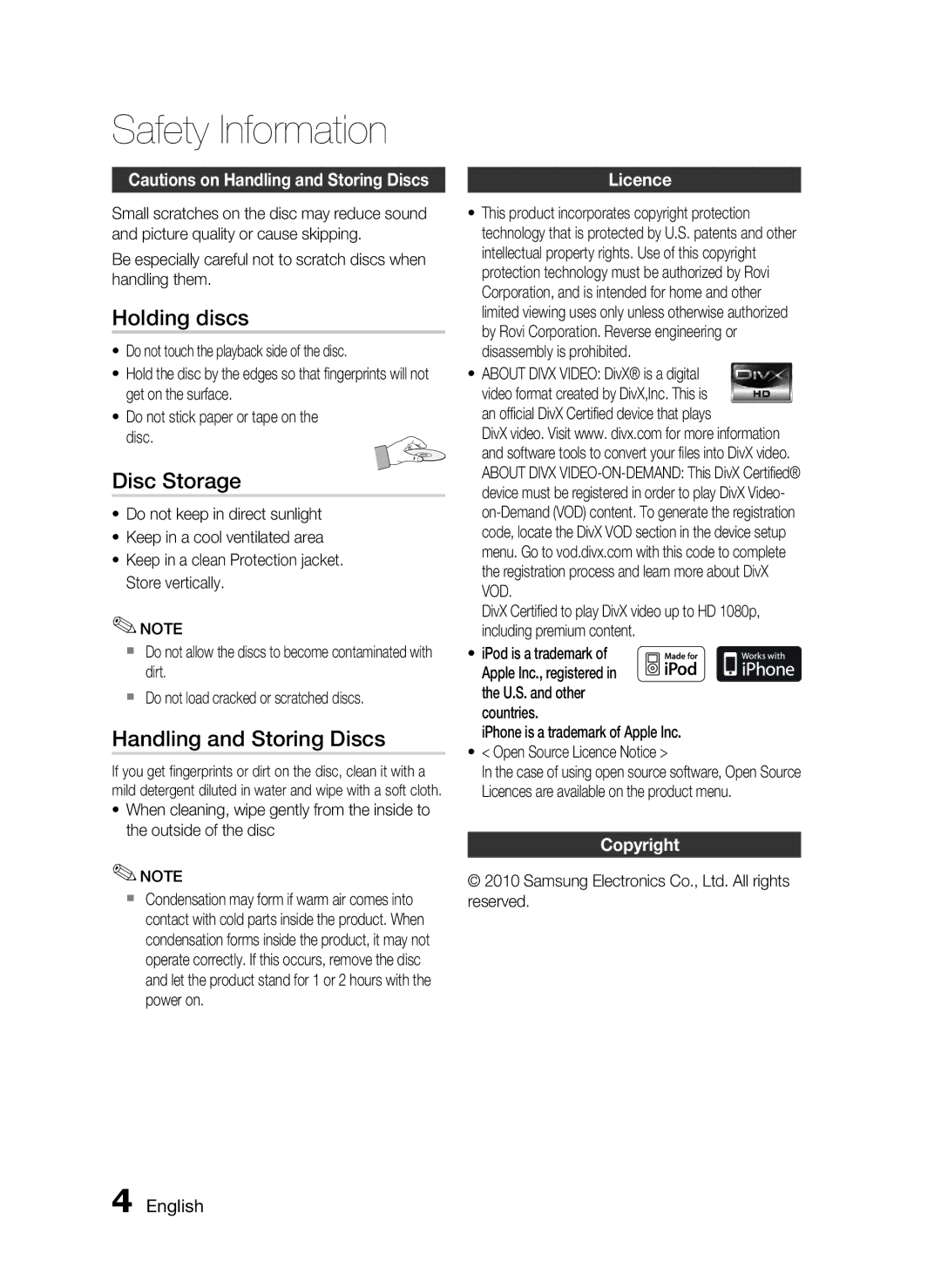 Samsung HT-C6200/XEN, HT-C6200/EDC manual Holding discs, Disc Storage, Handling and Storing Discs, Licence, Copyright 