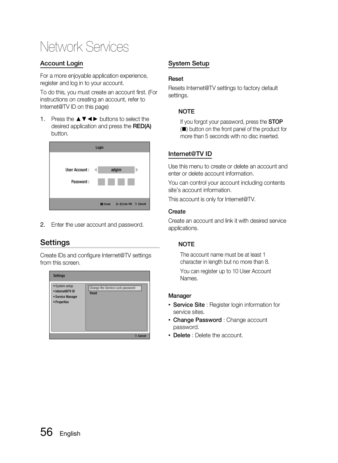 Samsung HT-C6200/XEN manual Settings, Account Login, System Setup, Internet@TV ID, Enter the user account and password 