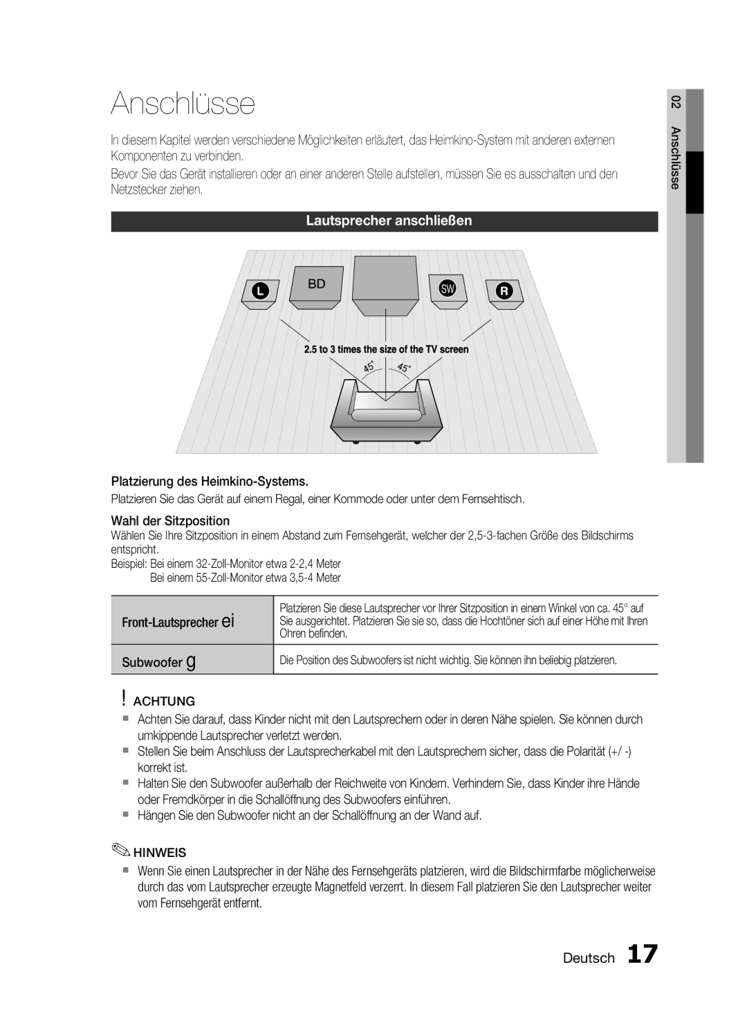 Samsung HT-C6200/XEF, HT-C6200/XEN Anschlüsse, Lautsprecher anschließen, Front-Lautsprecher ei, Ohren beﬁnden, Subwoofer g 