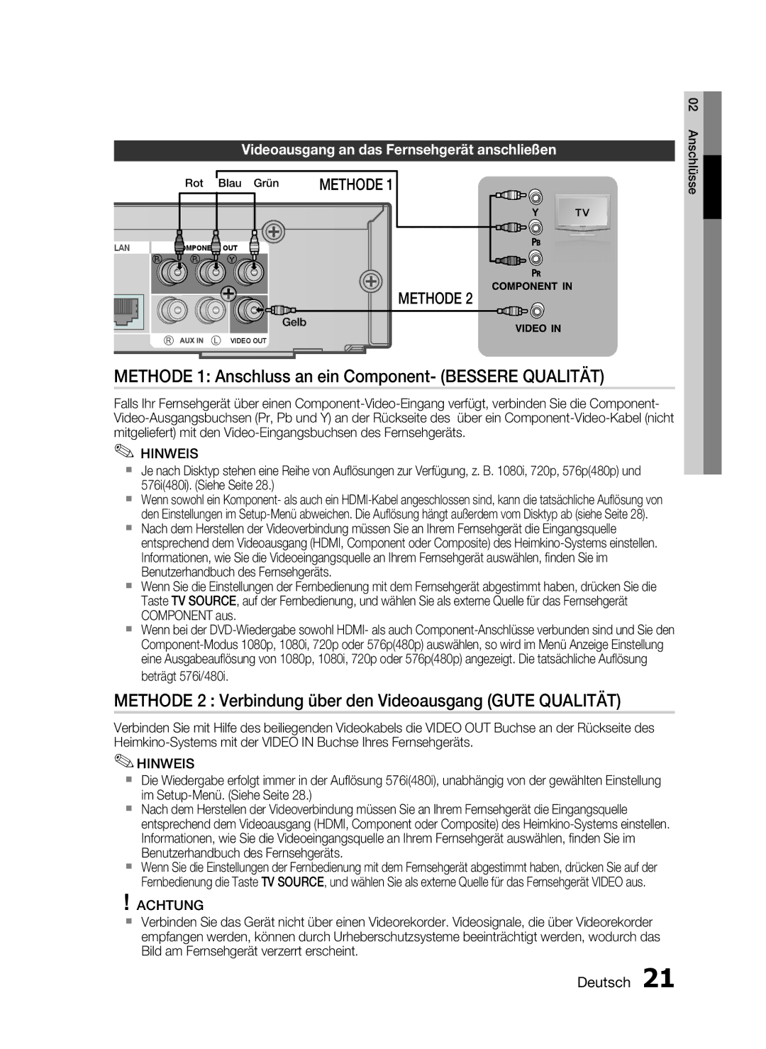 Samsung HT-C6200/XEN Methode 1 Anschluss an ein Component- Bessere Qualität, Videoausgang an das Fernsehgerät anschließen 