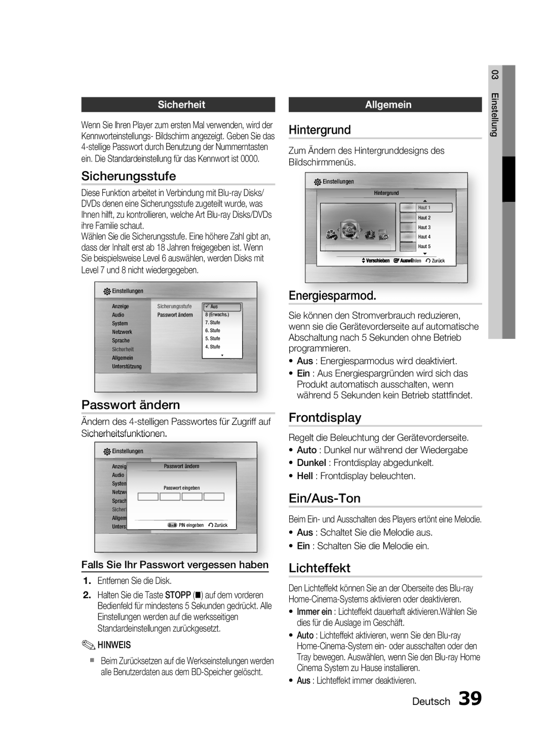 Samsung HT-C6200/XEN Sicherungsstufe, Passwort ändern, Hintergrund, Energiesparmod, Frontdisplay, Ein/Aus-Ton, Lichteffekt 