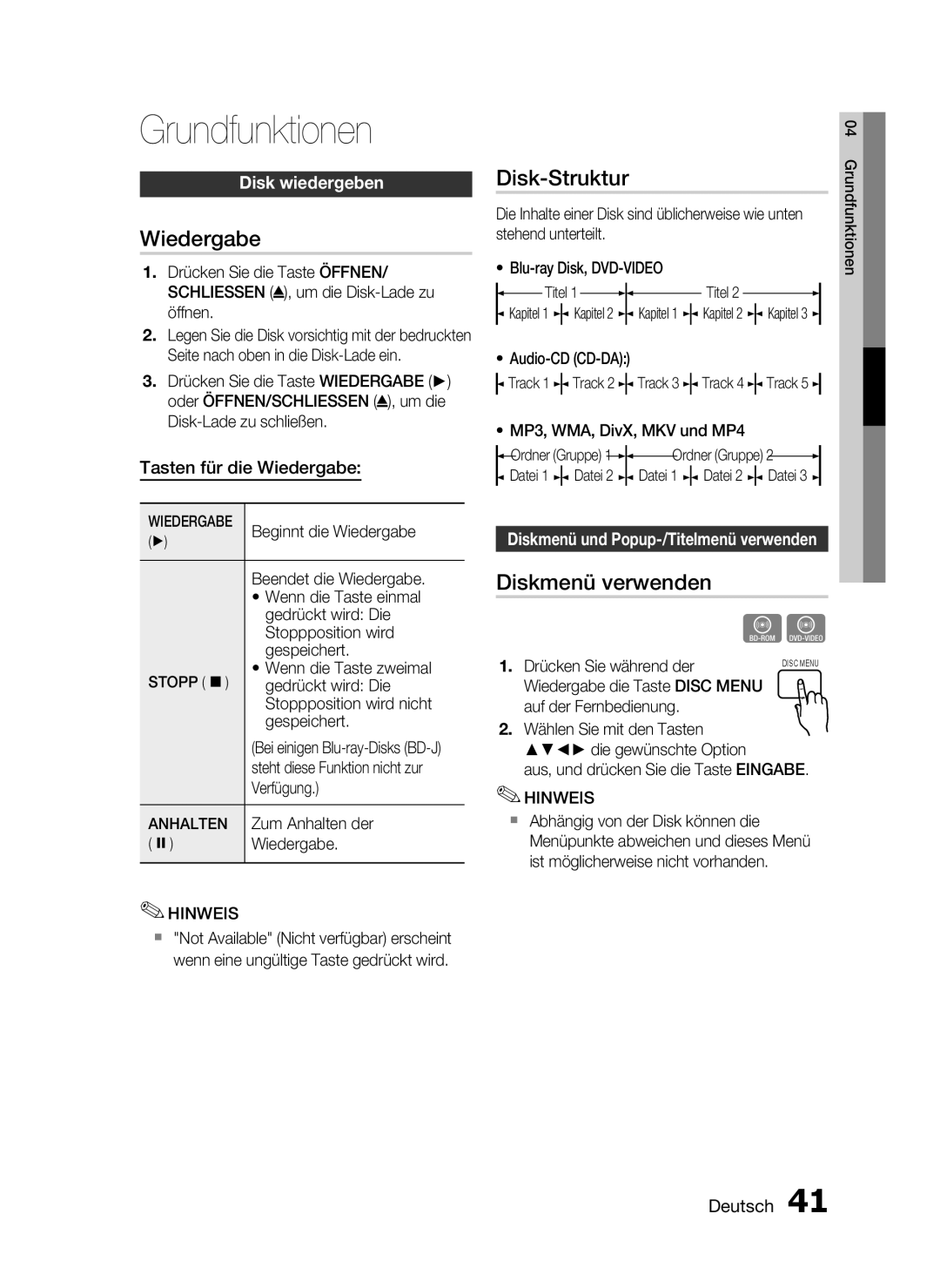 Samsung HT-C6200/XEF, HT-C6200/XEN, HT-C6200/EDC manual Grundfunktionen, Wiedergabe, Disk-Struktur, Diskmenü verwenden 