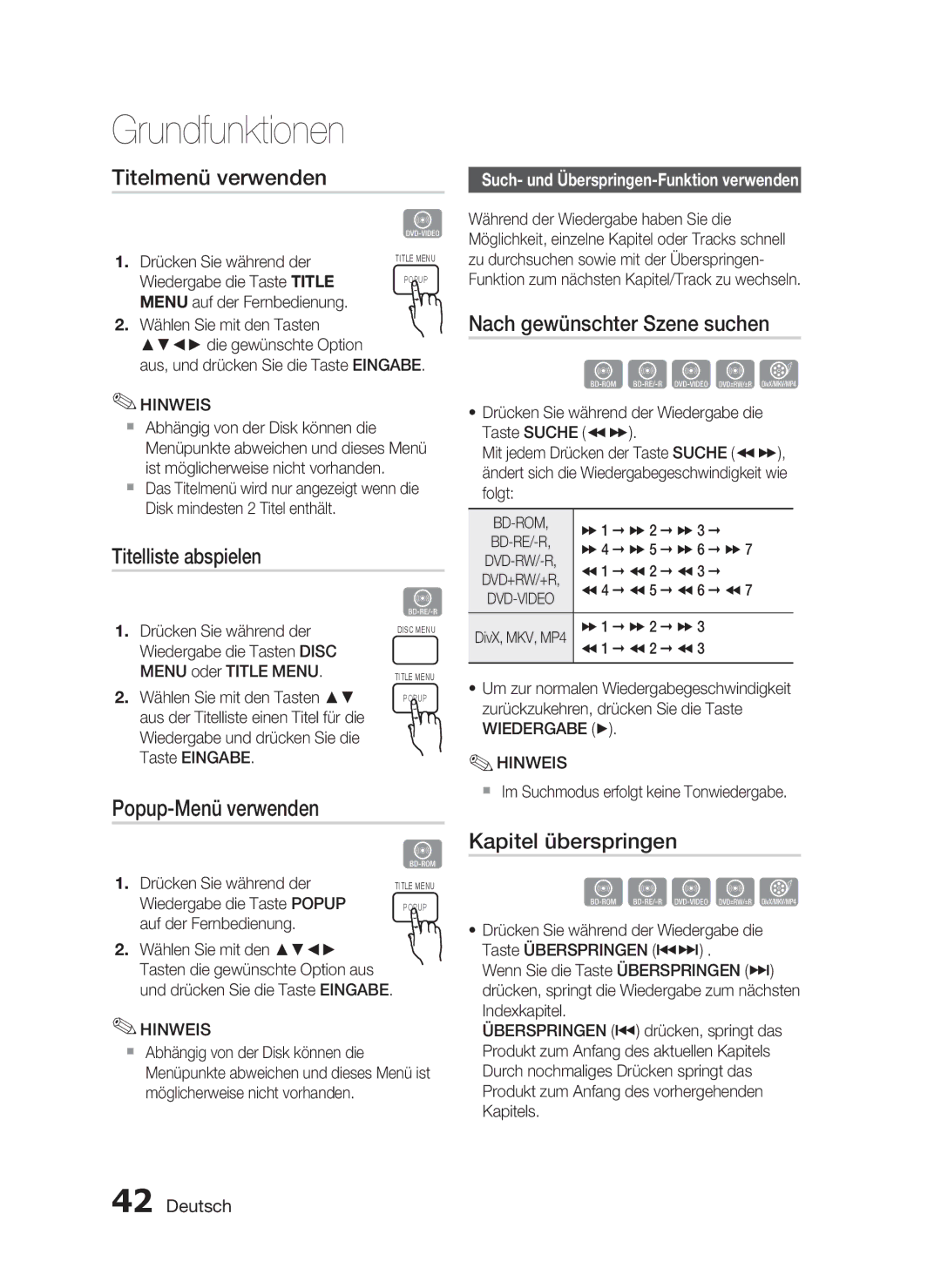 Samsung HT-C6200/XEN manual Titelmenü verwenden, Titelliste abspielen, Nach gewünschter Szene suchen, Popup-Menü verwenden 